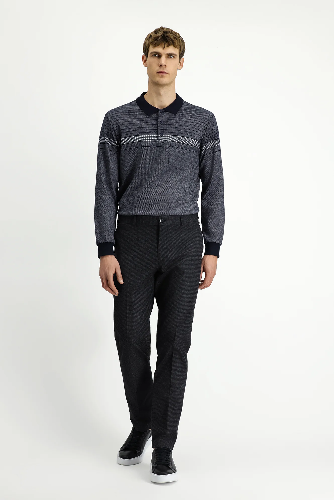 Orta Lacivert Polo Yaka Regular Fit Çizgili Sweatshirt - Image 2