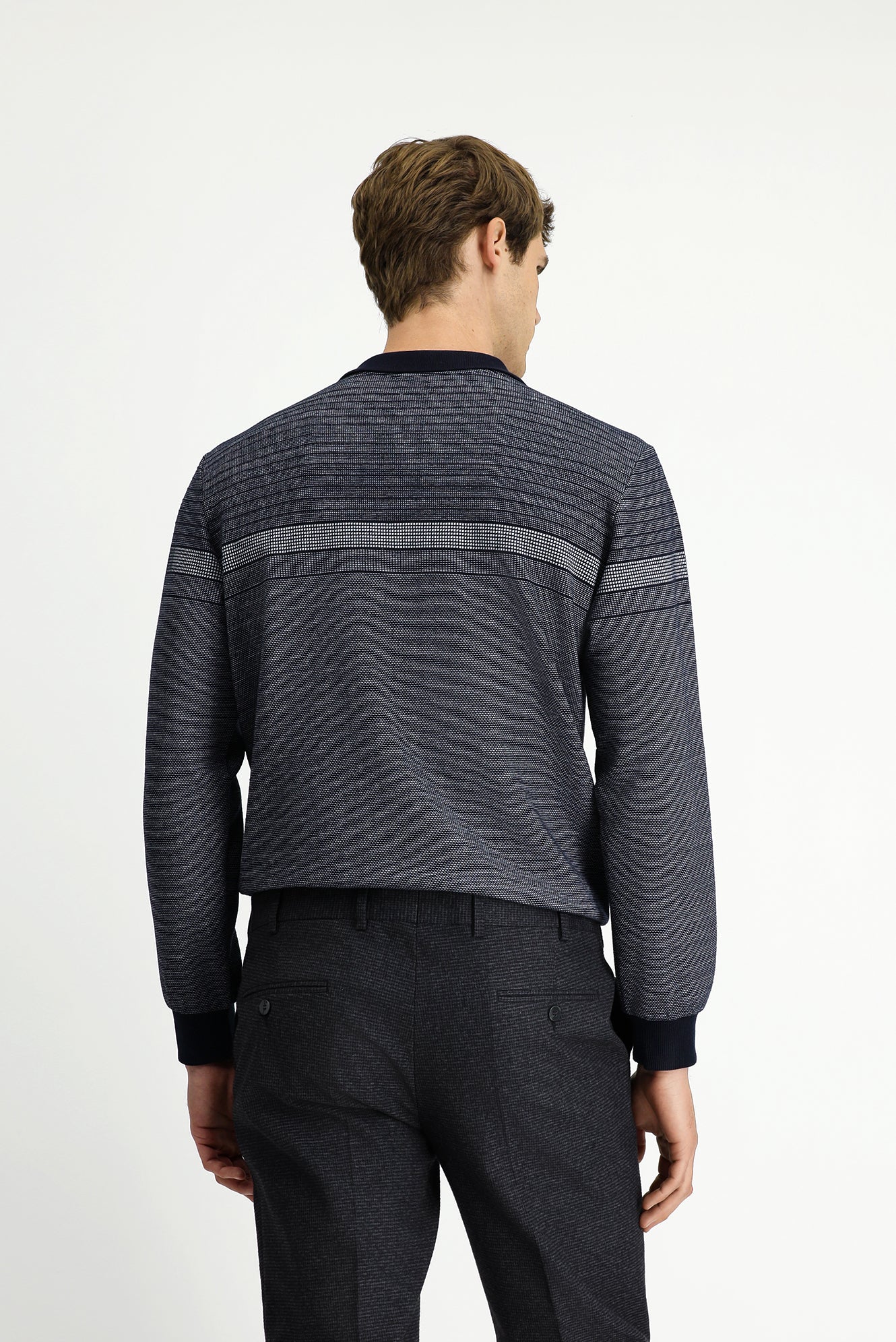Orta Lacivert Polo Yaka Regular Fit Çizgili Sweatshirt - Image 4