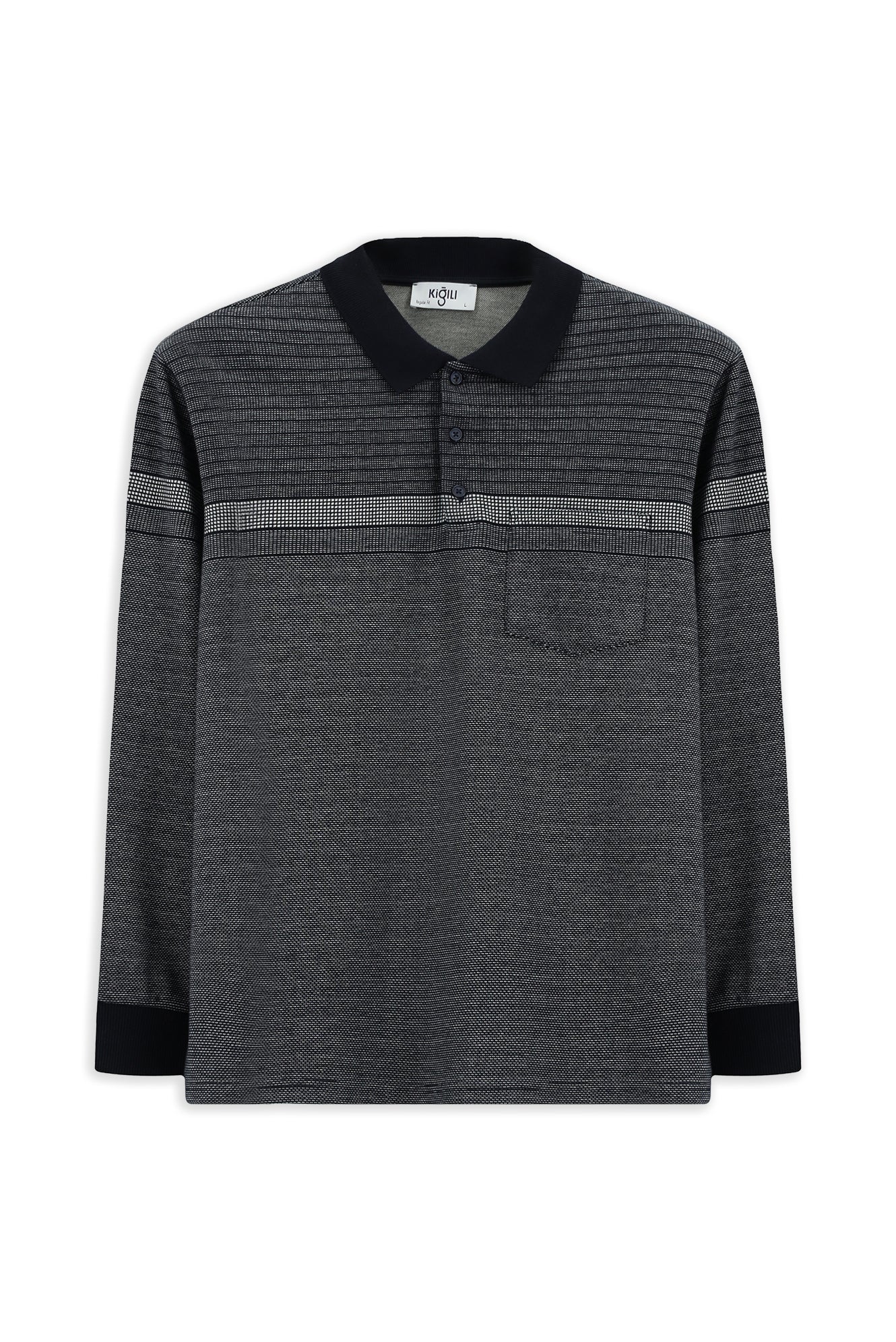 Orta Lacivert Polo Yaka Regular Fit Çizgili Sweatshirt - Image 6