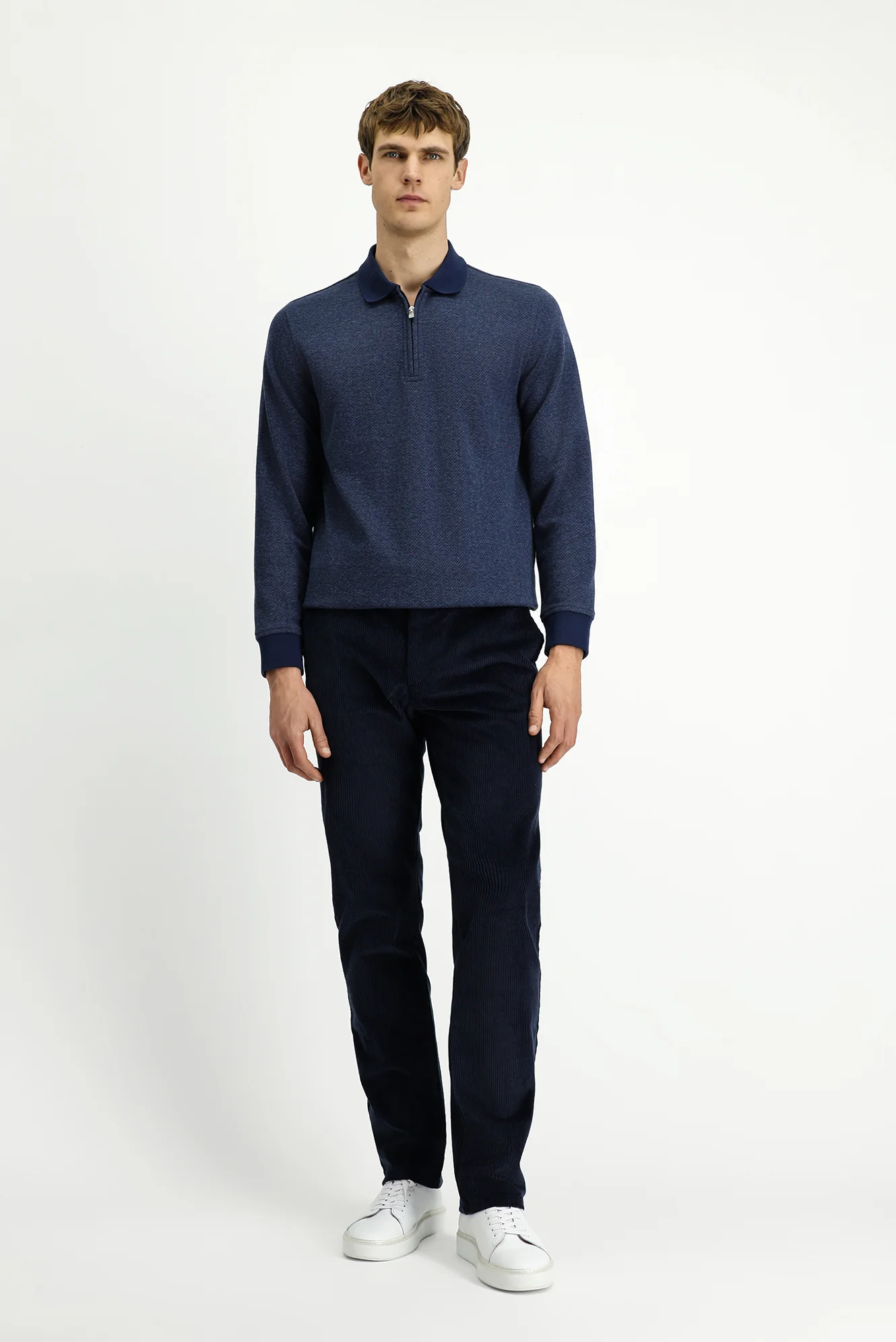 Orta Lacivert Polo Yaka Regular Fit Desenli Fermuarlı Pamuklu Sweatshirt - Image 2