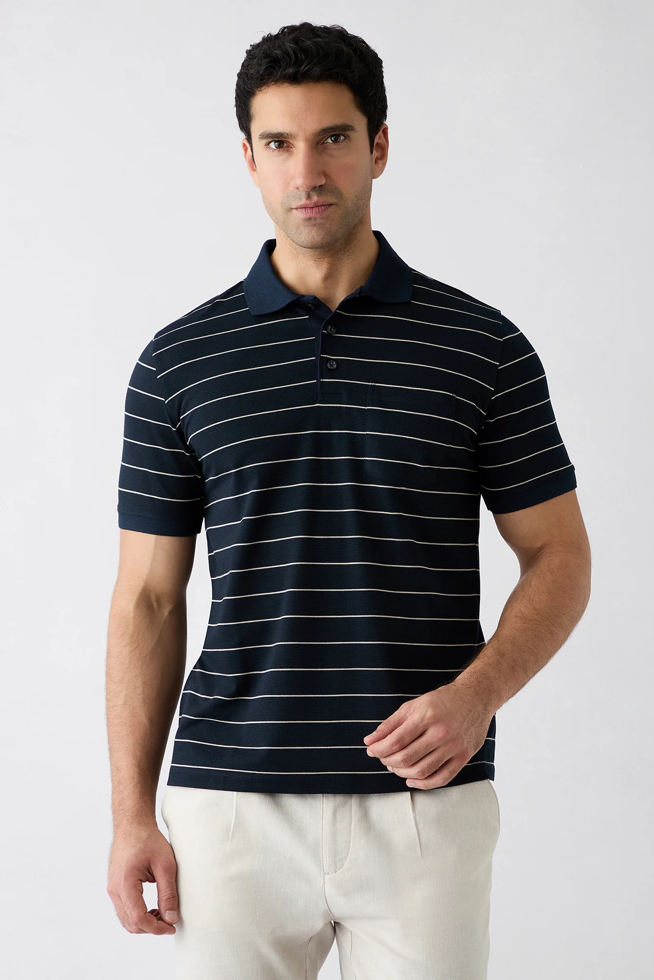 Orta Lacivert Regular Fit Çizgili Cepli Düğmeli Polo Yaka Tişört