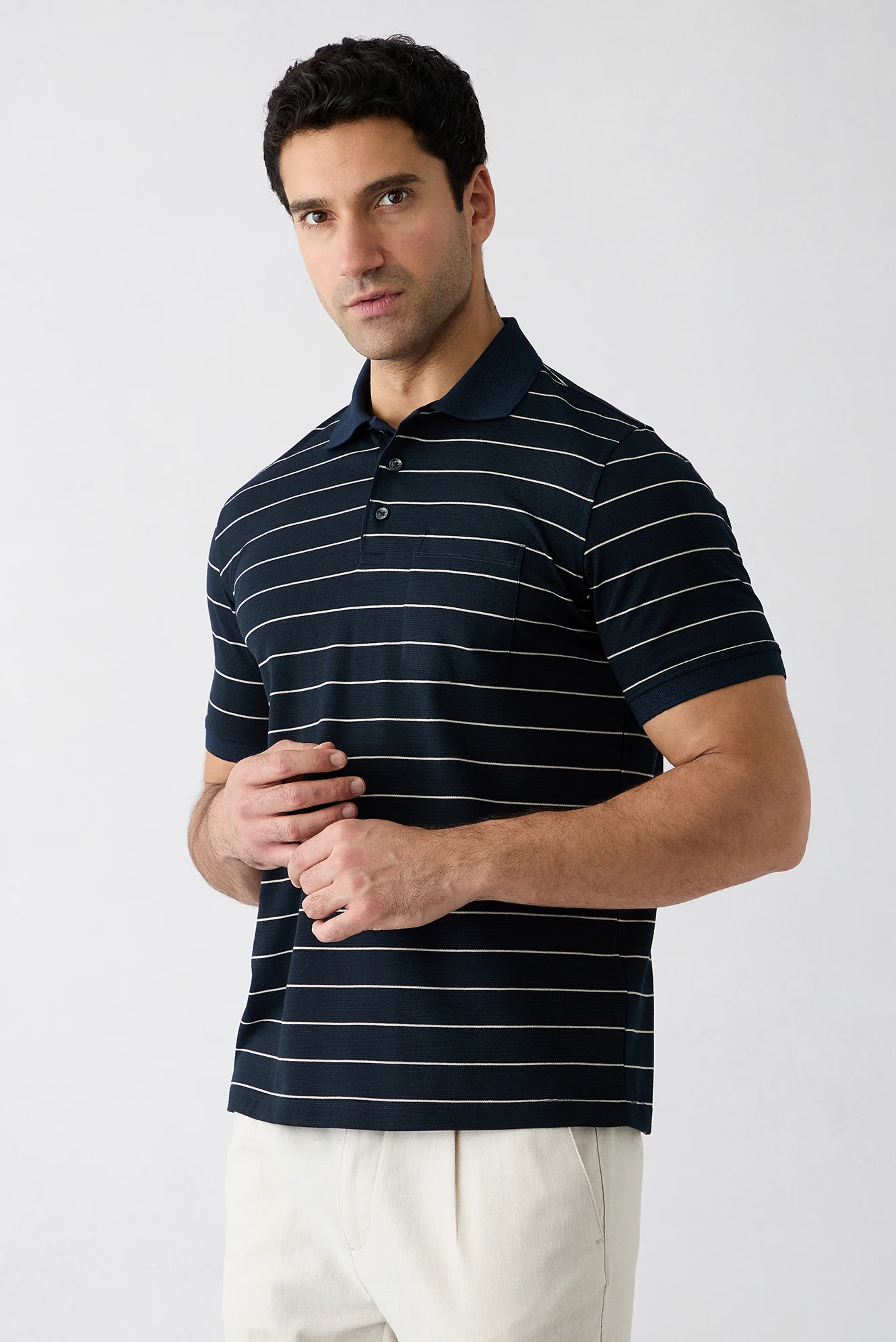 Orta Lacivert Regular Fit Çizgili Cepli Düğmeli Polo Yaka Tişört - Image 2