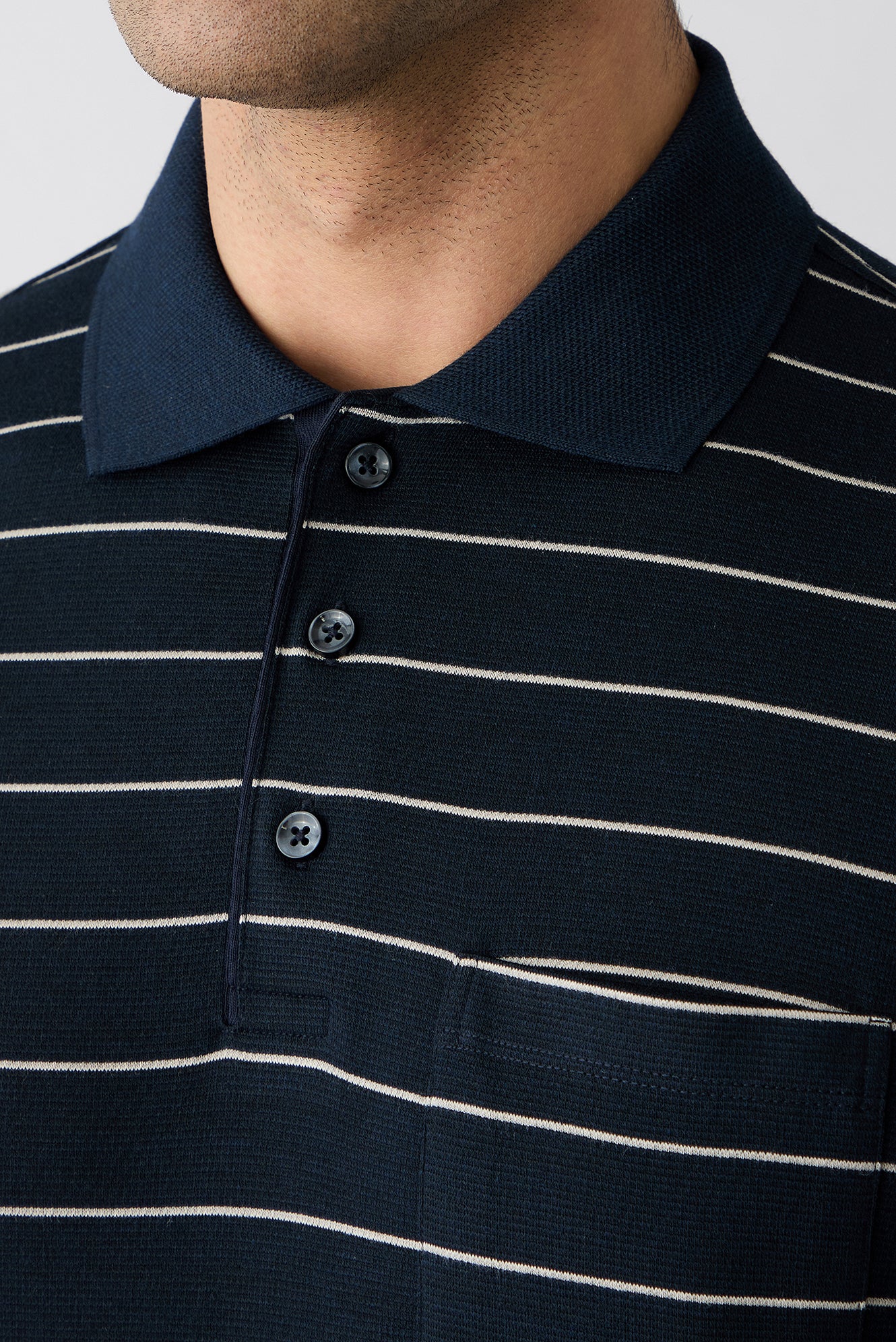 Orta Lacivert Regular Fit Çizgili Cepli Düğmeli Polo Yaka Tişört - Image 3