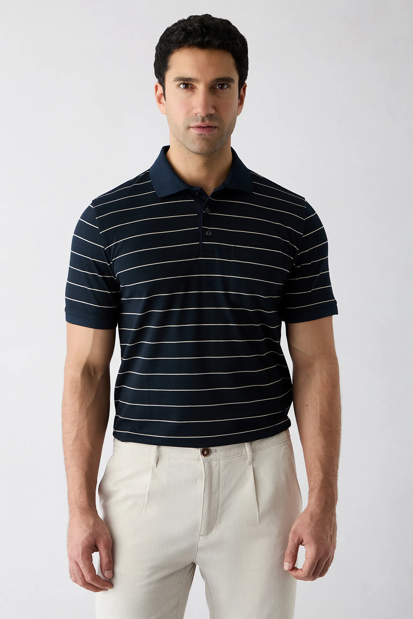 Orta Lacivert Regular Fit Çizgili Cepli Düğmeli Polo Yaka Tişört - Image 4