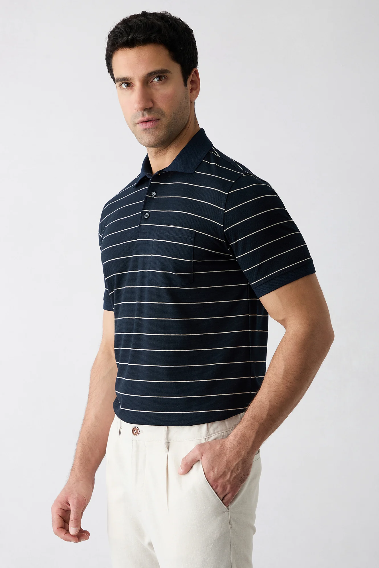 Orta Lacivert Regular Fit Çizgili Cepli Düğmeli Polo Yaka Tişört - Image 5