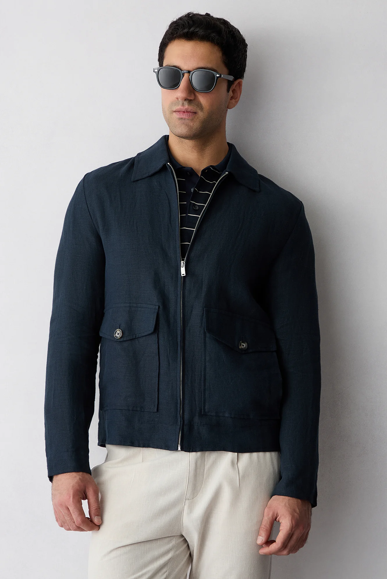 Orta Lacivert Regular Fit Çizgili Cepli Düğmeli Polo Yaka Tişört - Image 7
