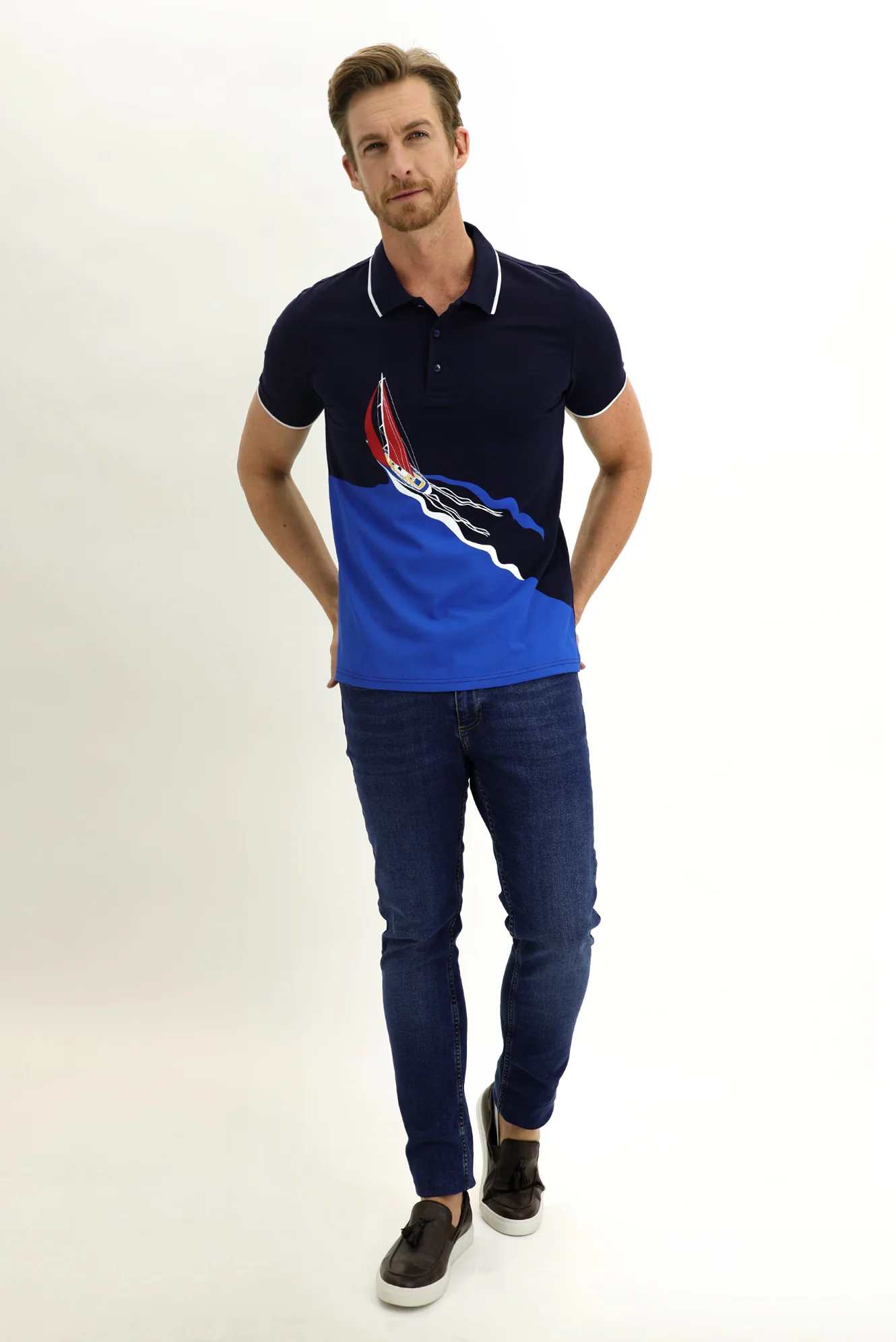 Orta Lacivert Polo Yaka Slim Fit Dar Kesim Baskılı Pamuk Tişört - Image 2