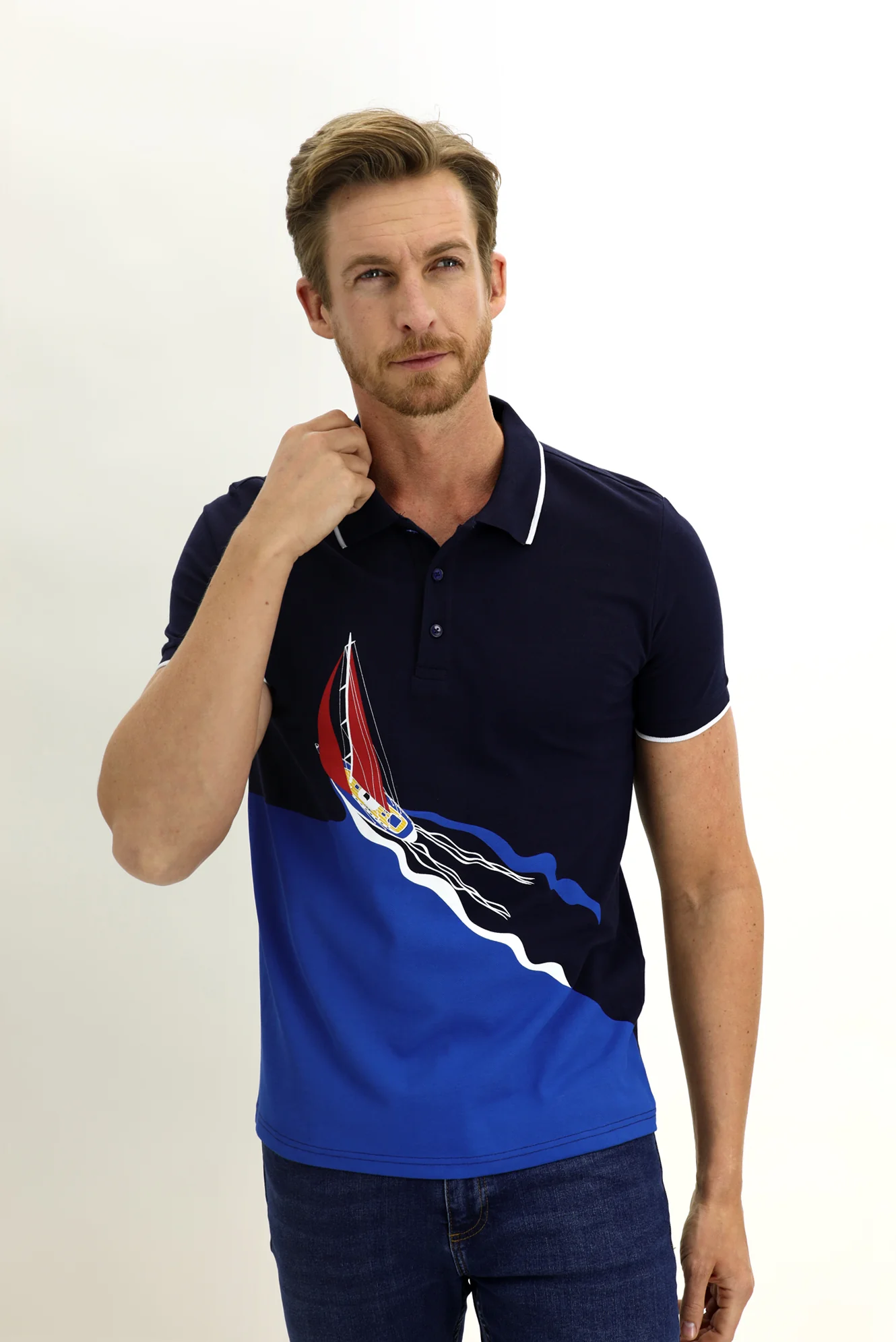 Orta Lacivert Polo Yaka Slim Fit Dar Kesim Baskılı Pamuk Tişört - Image 3