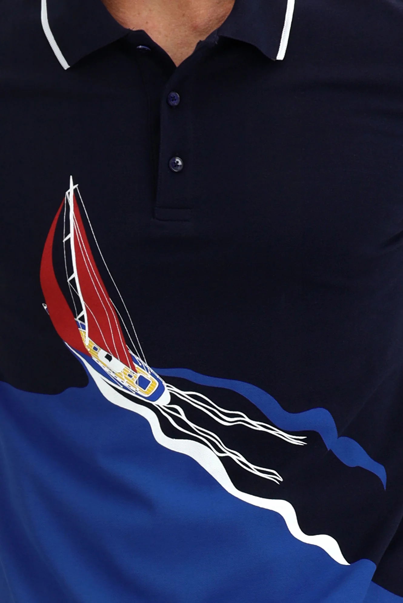 Orta Lacivert Polo Yaka Slim Fit Dar Kesim Baskılı Pamuk Tişört - Image 4