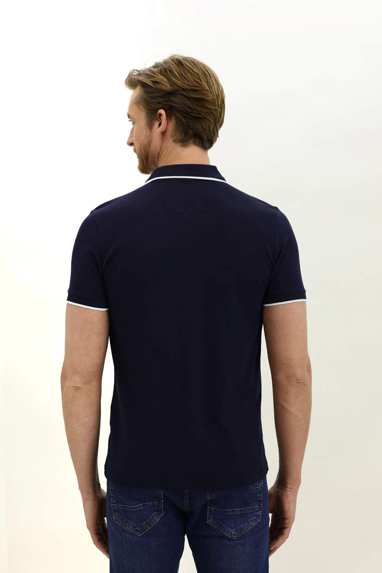 Orta Lacivert Polo Yaka Slim Fit Dar Kesim Baskılı Pamuk Tişört - Image 5