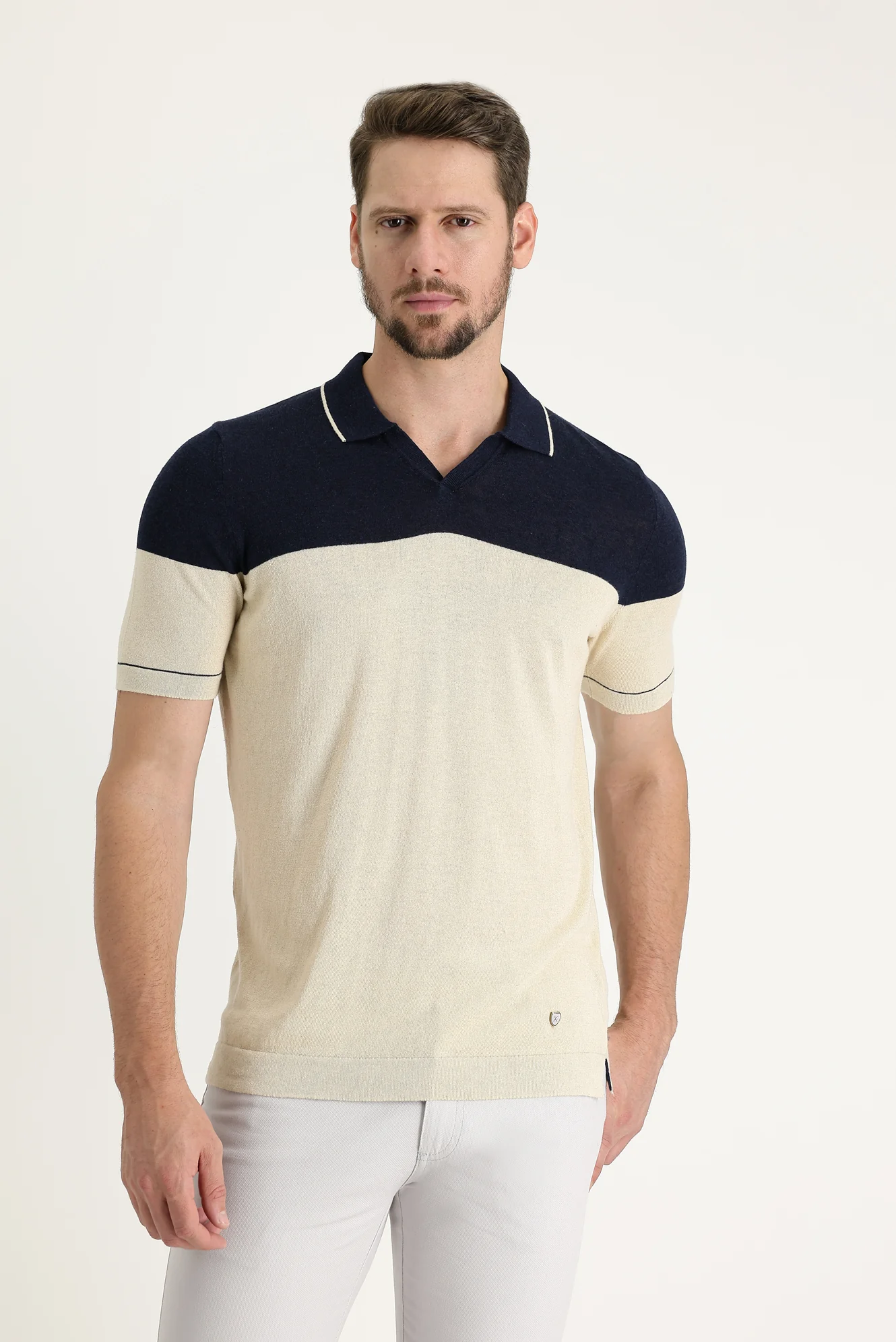 Orta Lacivert Polo Yaka Slim Fit Dar Kesim Desenli Keten Tişört