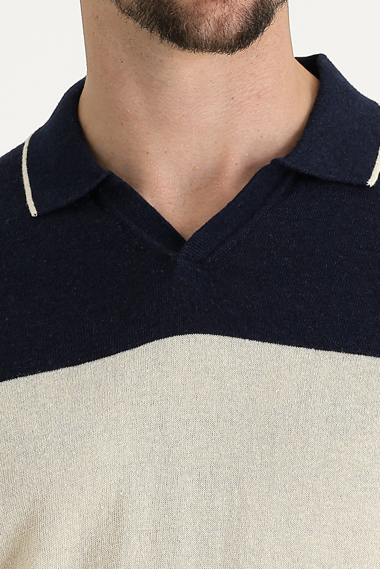 Orta Lacivert Polo Yaka Slim Fit Dar Kesim Desenli Keten Tişört - Image 3
