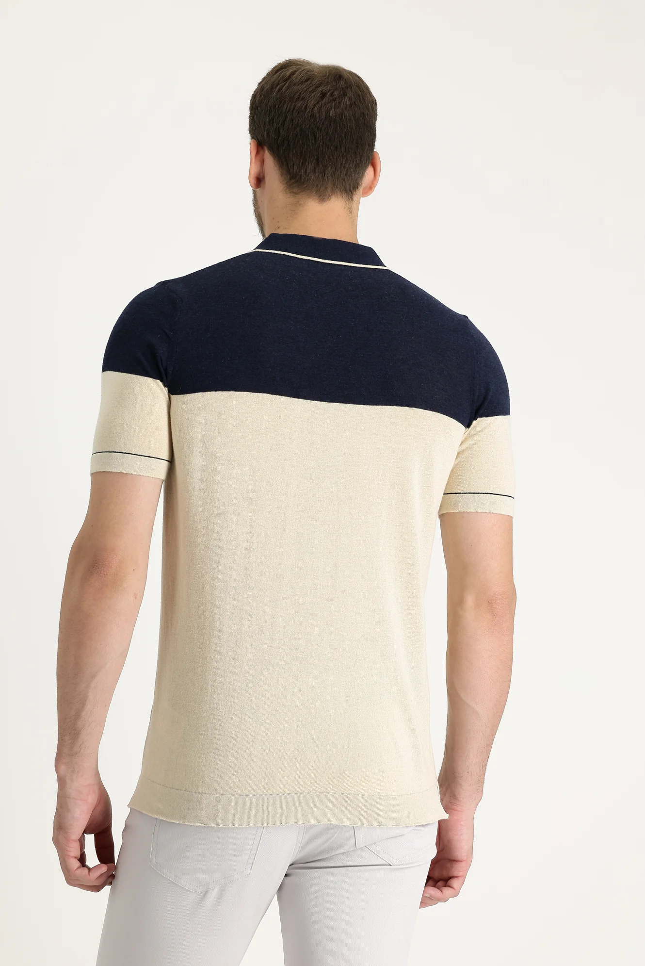 Orta Lacivert Polo Yaka Slim Fit Dar Kesim Desenli Keten Tişört - Image 4
