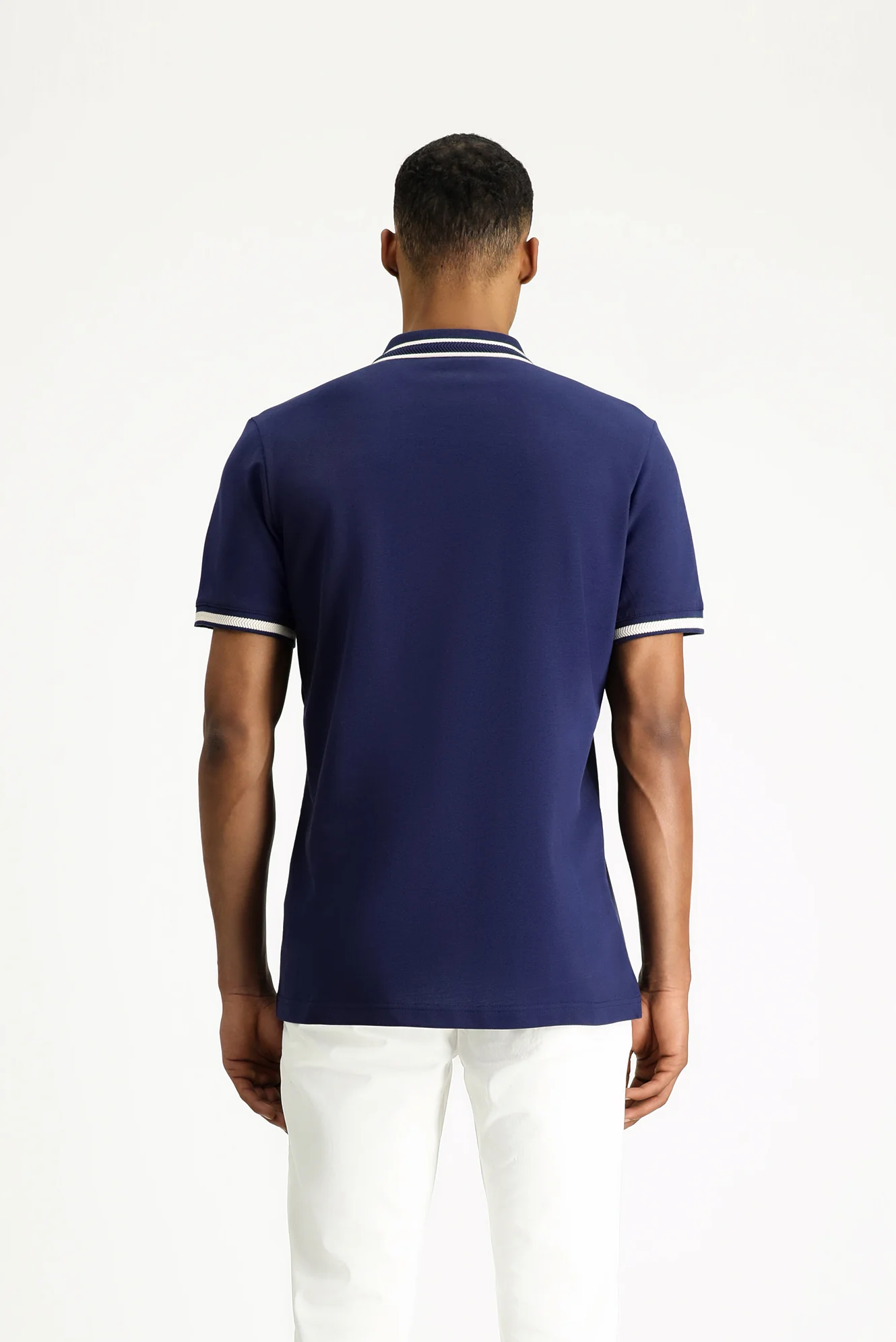 Orta Lacivert Polo Yaka Slim Fit Dar Kesim Desenli Nakışlı Pamuk Tişört - Image 3