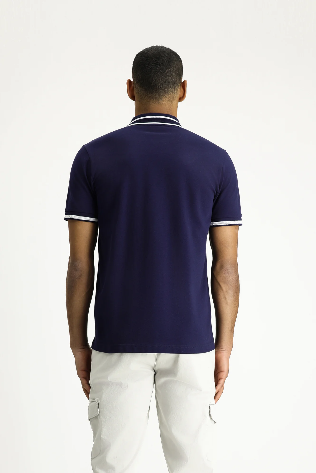 Orta Lacivert Polo Yaka Slim Fit Dar Kesim Desenli Nakışlı Pamuk Tişört - Image 5