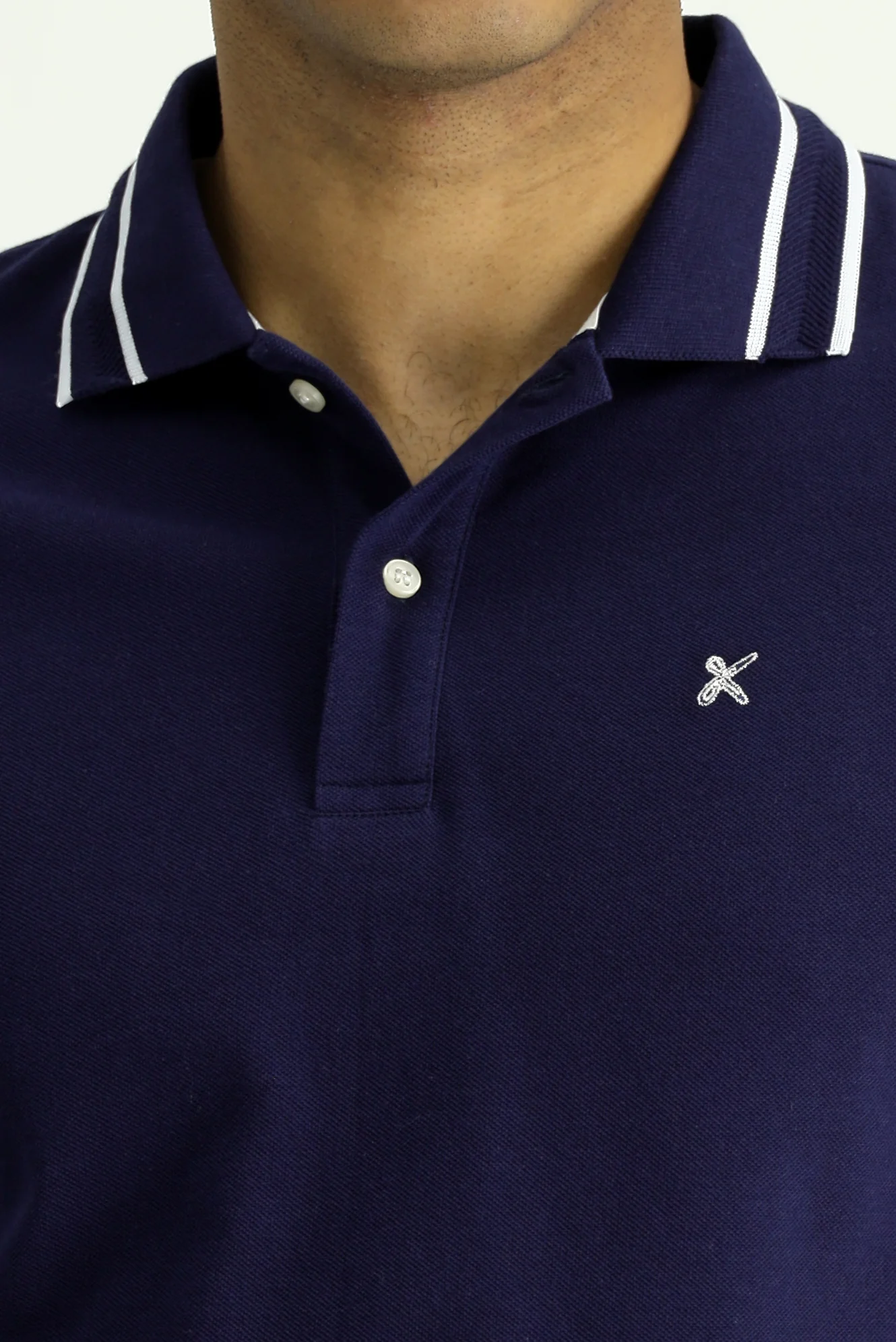 Orta Lacivert Polo Yaka Slim Fit Dar Kesim Desenli Nakışlı Pamuk Tişört - Image 6