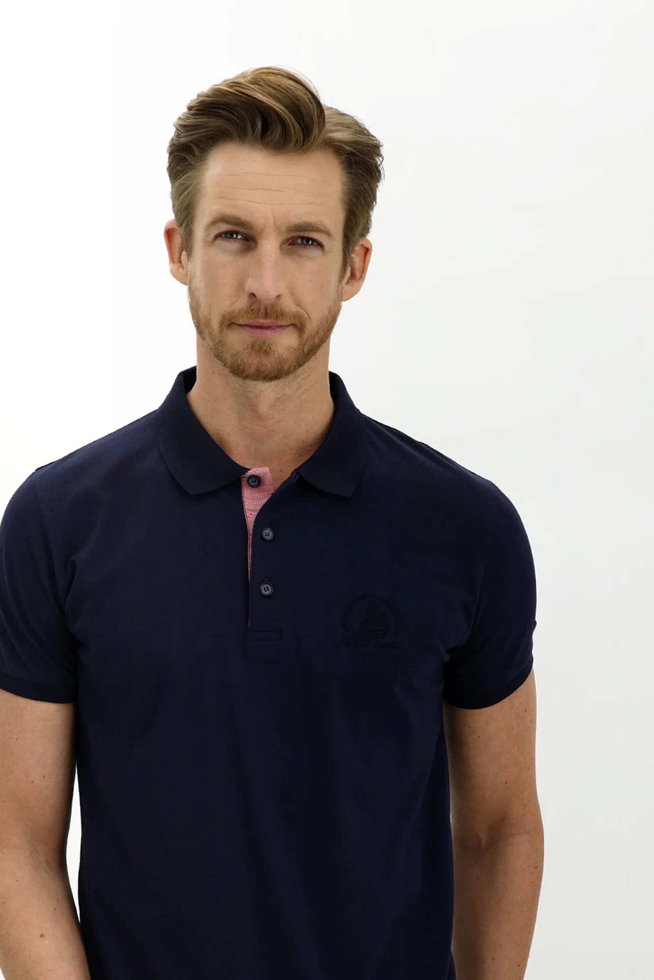 Orta Lacivert Polo Yaka Slim Fit Dar Kesim Desenli Pamuk Tişört