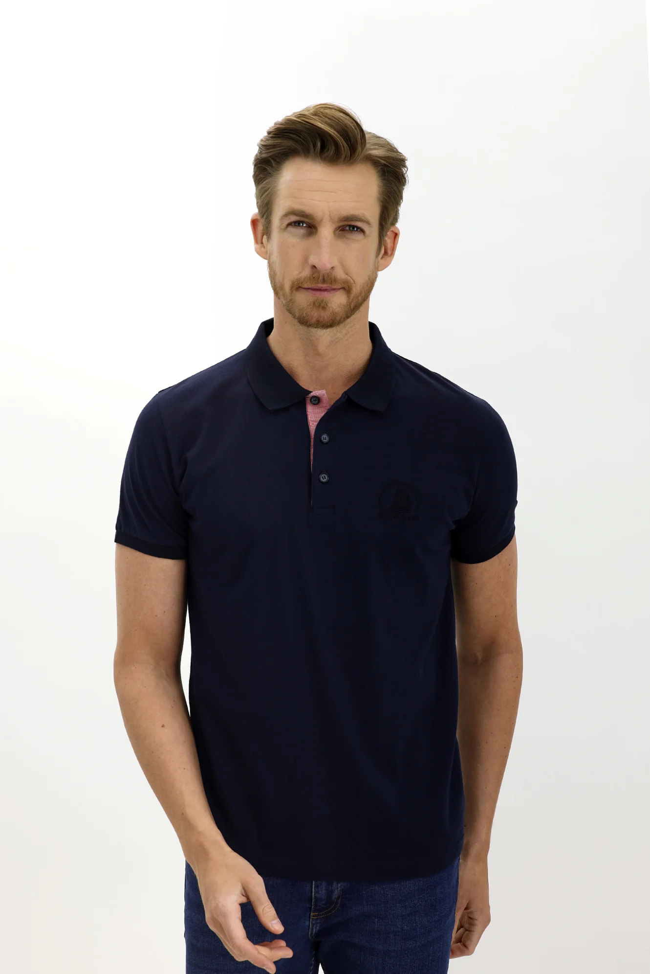 Orta Lacivert Polo Yaka Slim Fit Dar Kesim Desenli Pamuk Tişört - Image 2