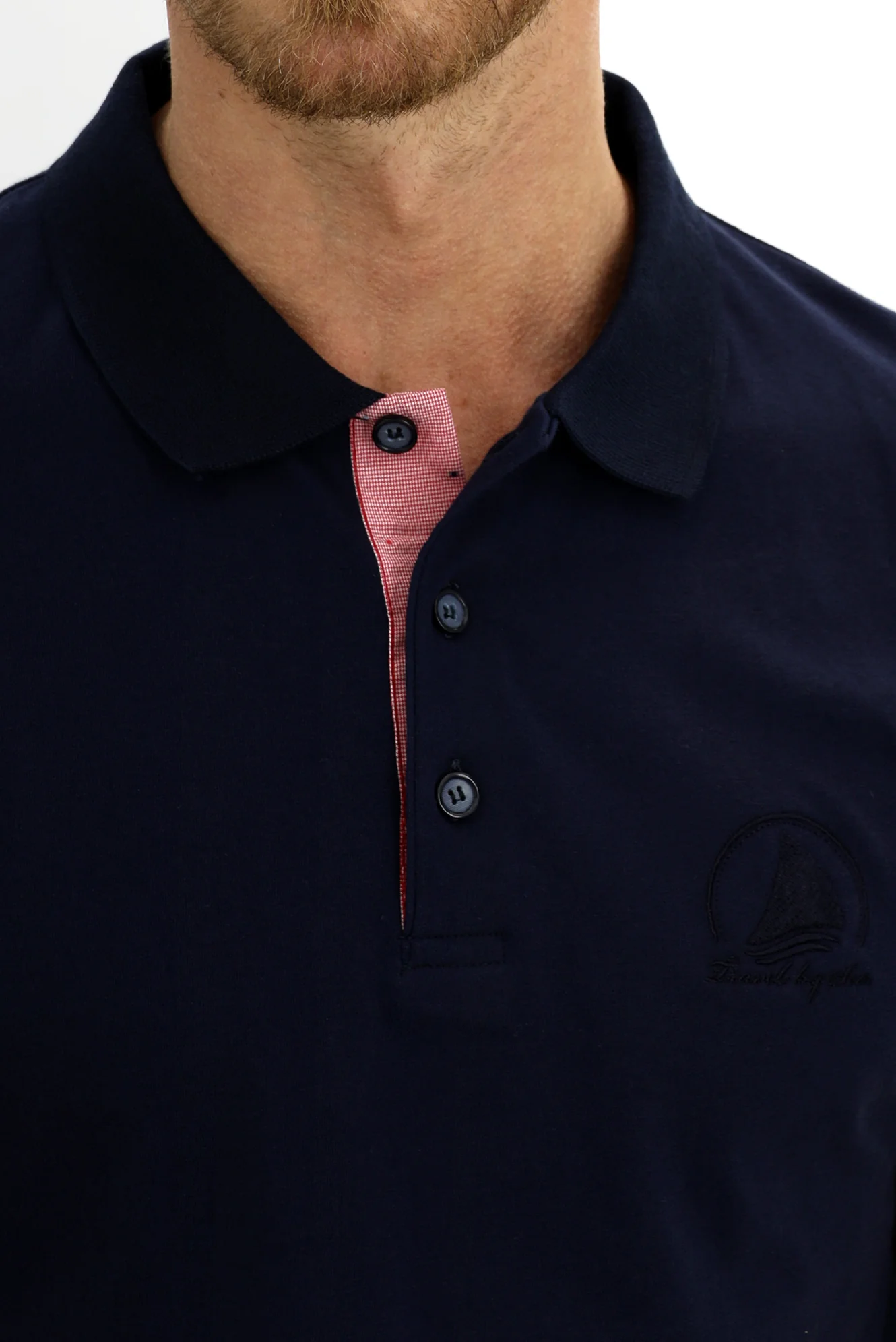 Orta Lacivert Polo Yaka Slim Fit Dar Kesim Desenli Pamuk Tişört - Image 3