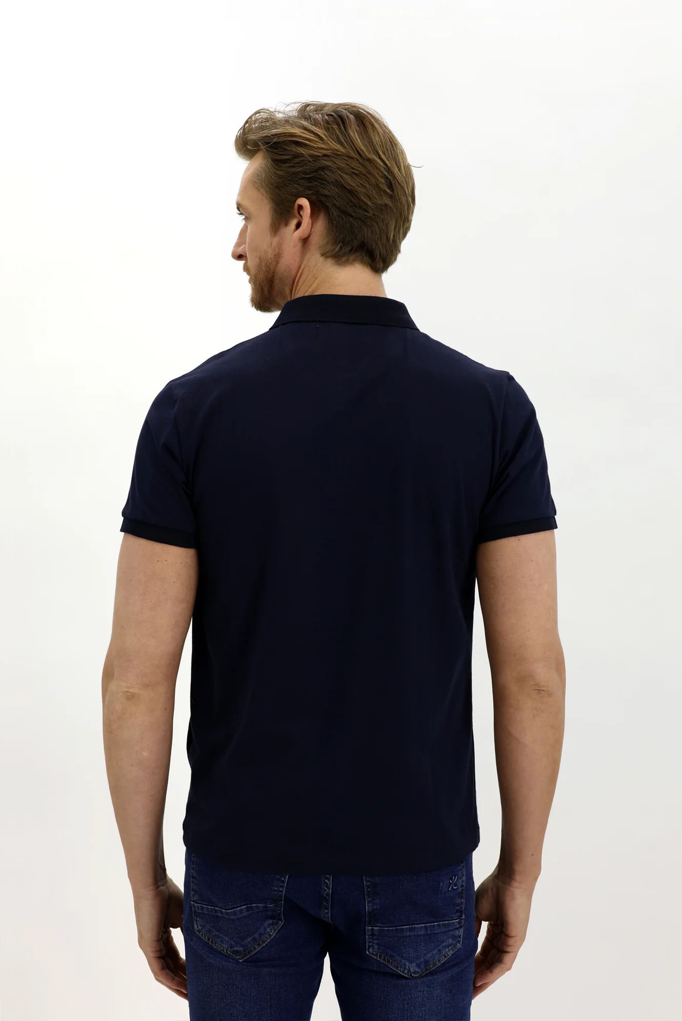 Orta Lacivert Polo Yaka Slim Fit Dar Kesim Desenli Pamuk Tişört - Image 4