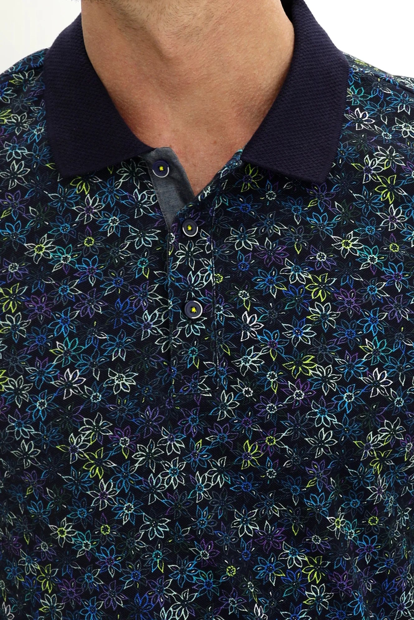 Orta Lacivert Polo Yaka Slim Fit Dar Kesim Desenli Pamuk Tişört - Image 4