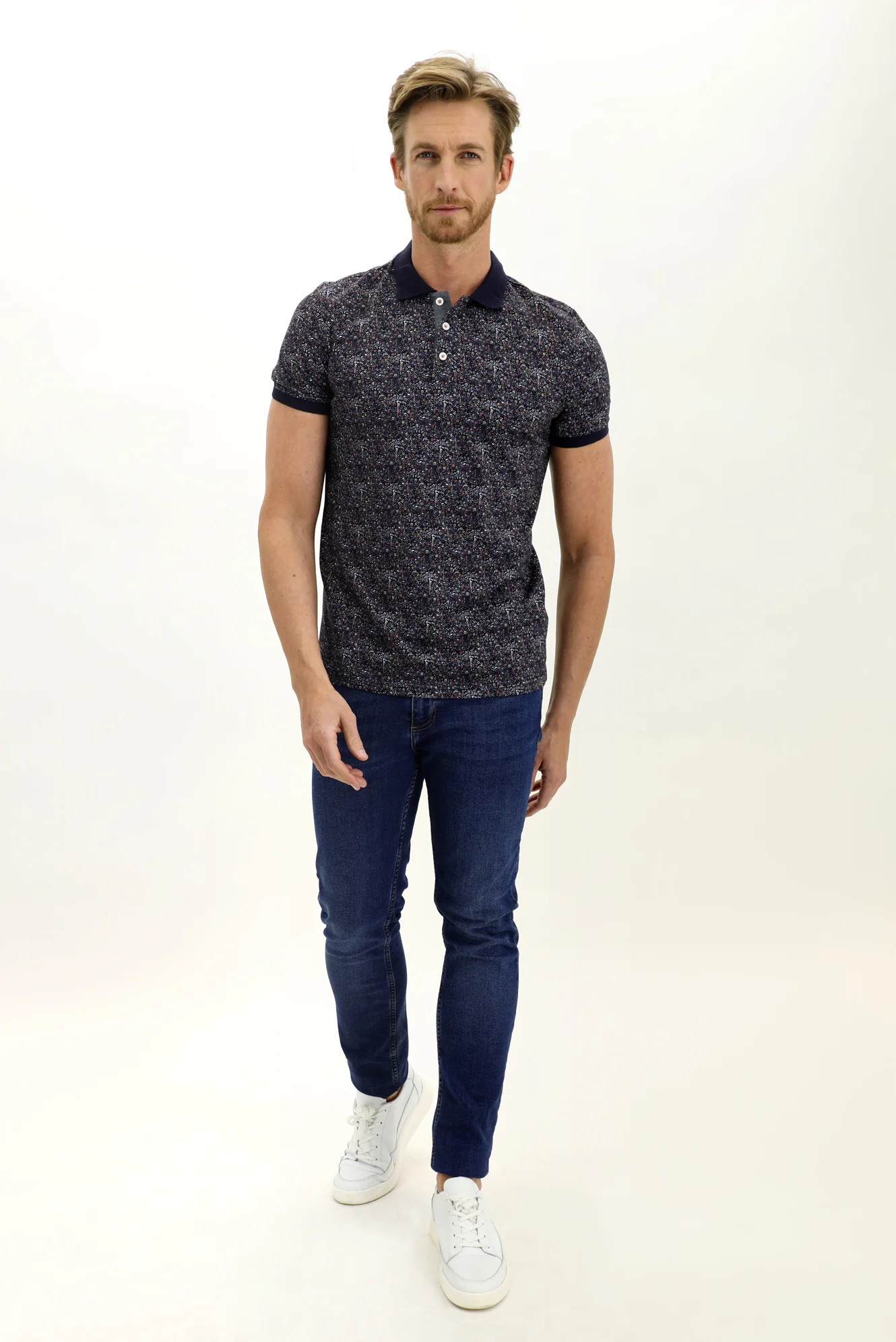 Orta Lacivert Polo Yaka Slim Fit Dar Kesim Desenli Süprem Pamuk Tişört - Image 2
