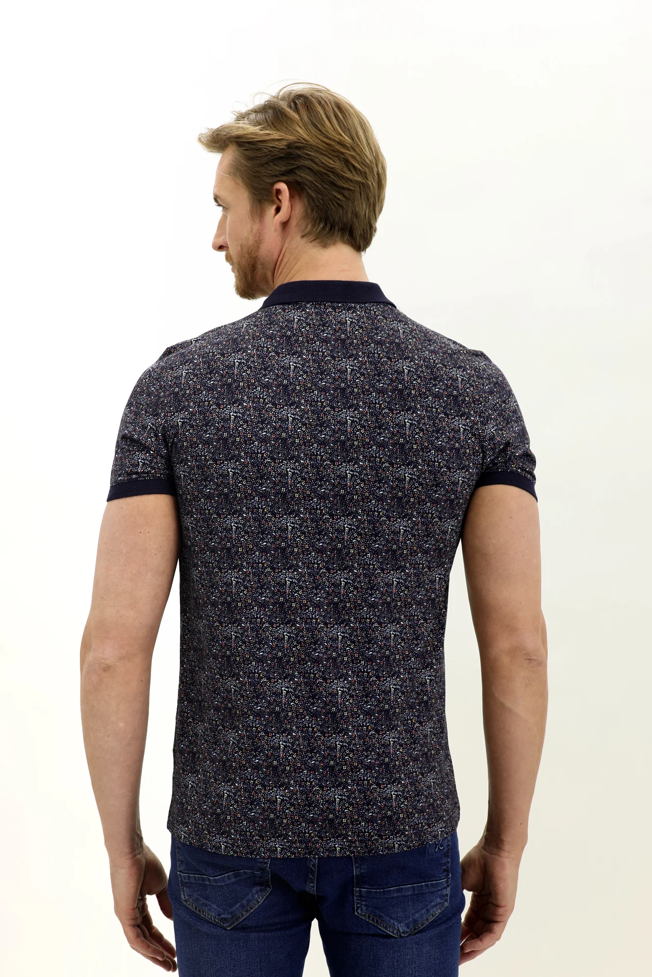 Orta Lacivert Polo Yaka Slim Fit Dar Kesim Desenli Süprem Pamuk Tişört - Image 5