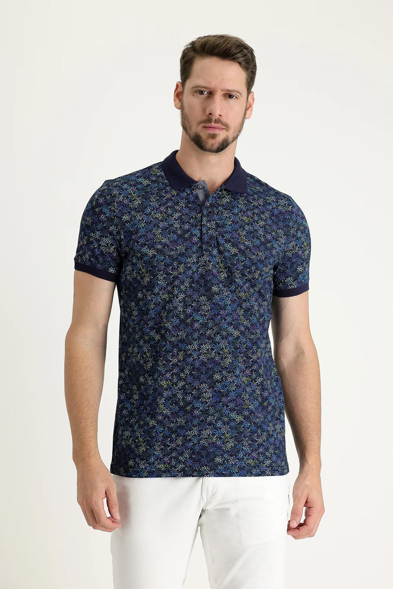 Orta Lacivert Polo Yaka Slim Fit Dar Kesim Desenli Pamuk Tişört