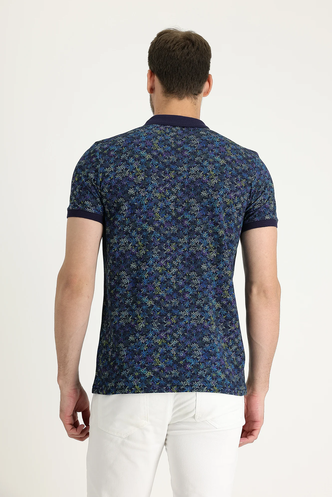 Orta Lacivert Polo Yaka Slim Fit Dar Kesim Desenli Pamuk Tişört - Image 2