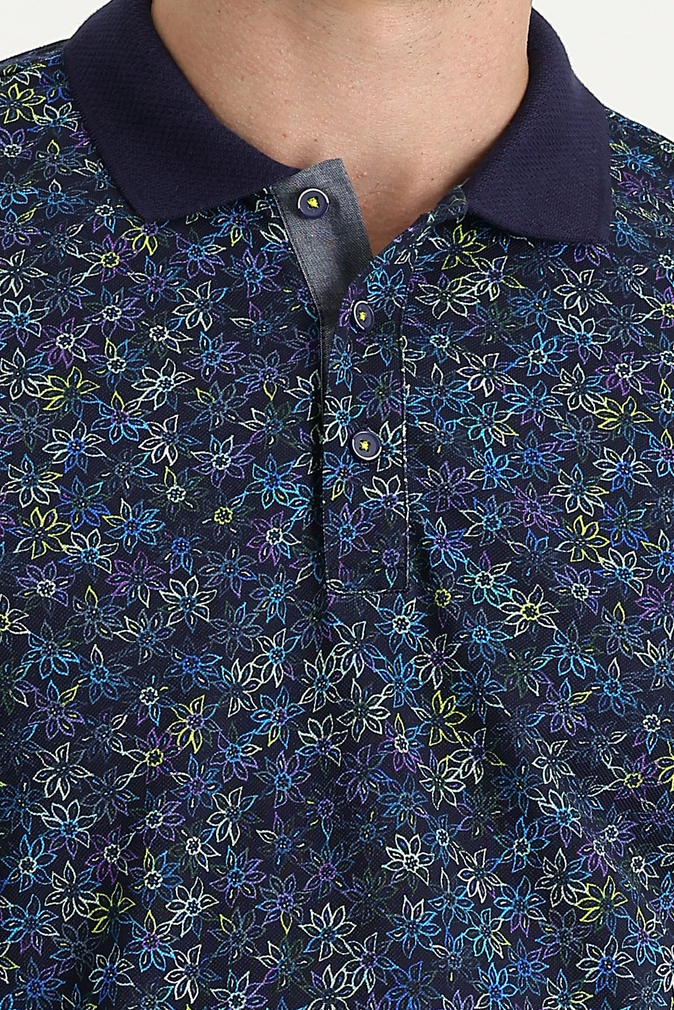 Orta Lacivert Polo Yaka Slim Fit Dar Kesim Desenli Pamuk Tişört - Image 3