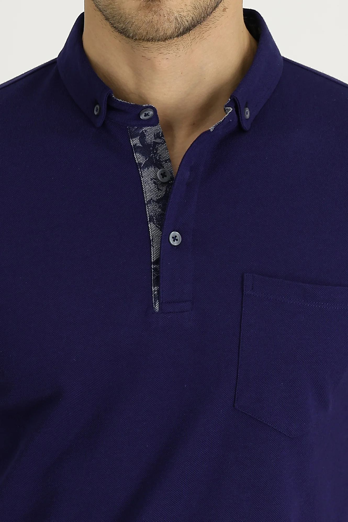Orta Lacivert Polo Yaka Slim Fit Dar Kesim Desenli Pamuk Tişört - Image 2