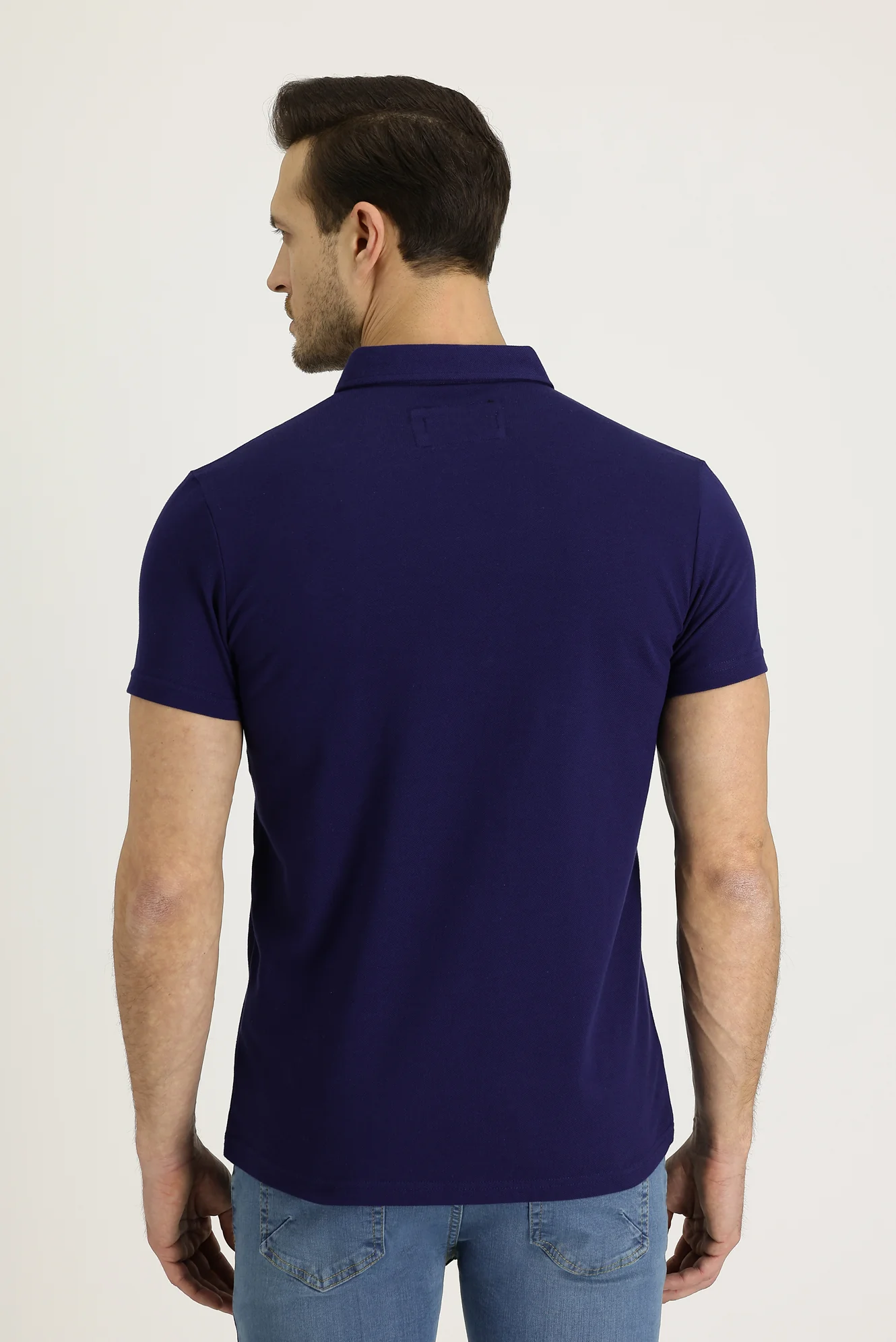 Orta Lacivert Polo Yaka Slim Fit Dar Kesim Desenli Pamuk Tişört - Image 4