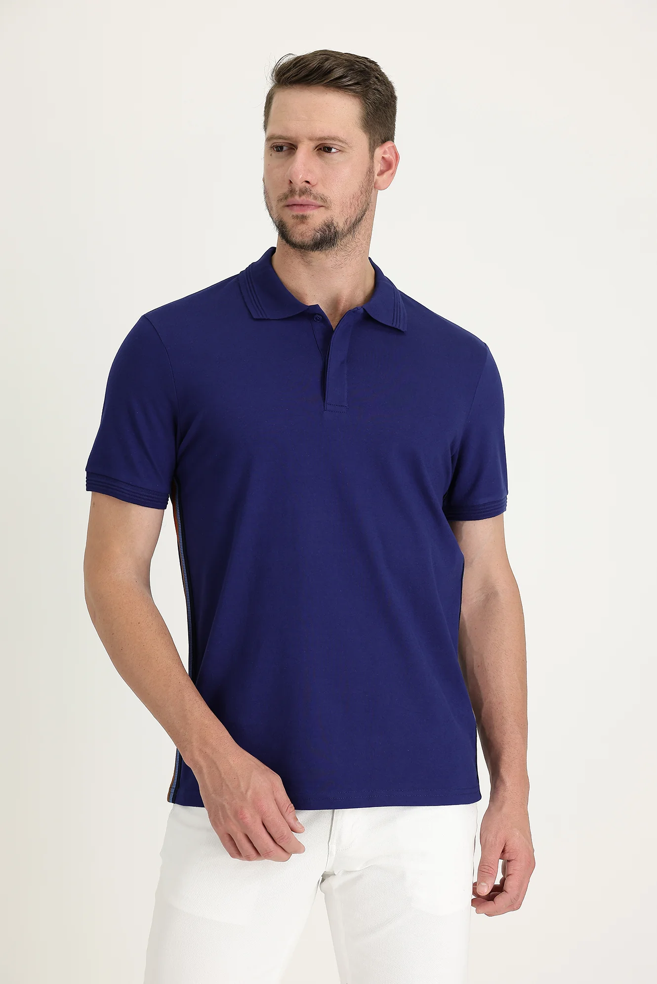 Orta Lacivert Polo Yaka Slim Fit Dar Kesim Desenli Pamuklu Tişört - Image 2