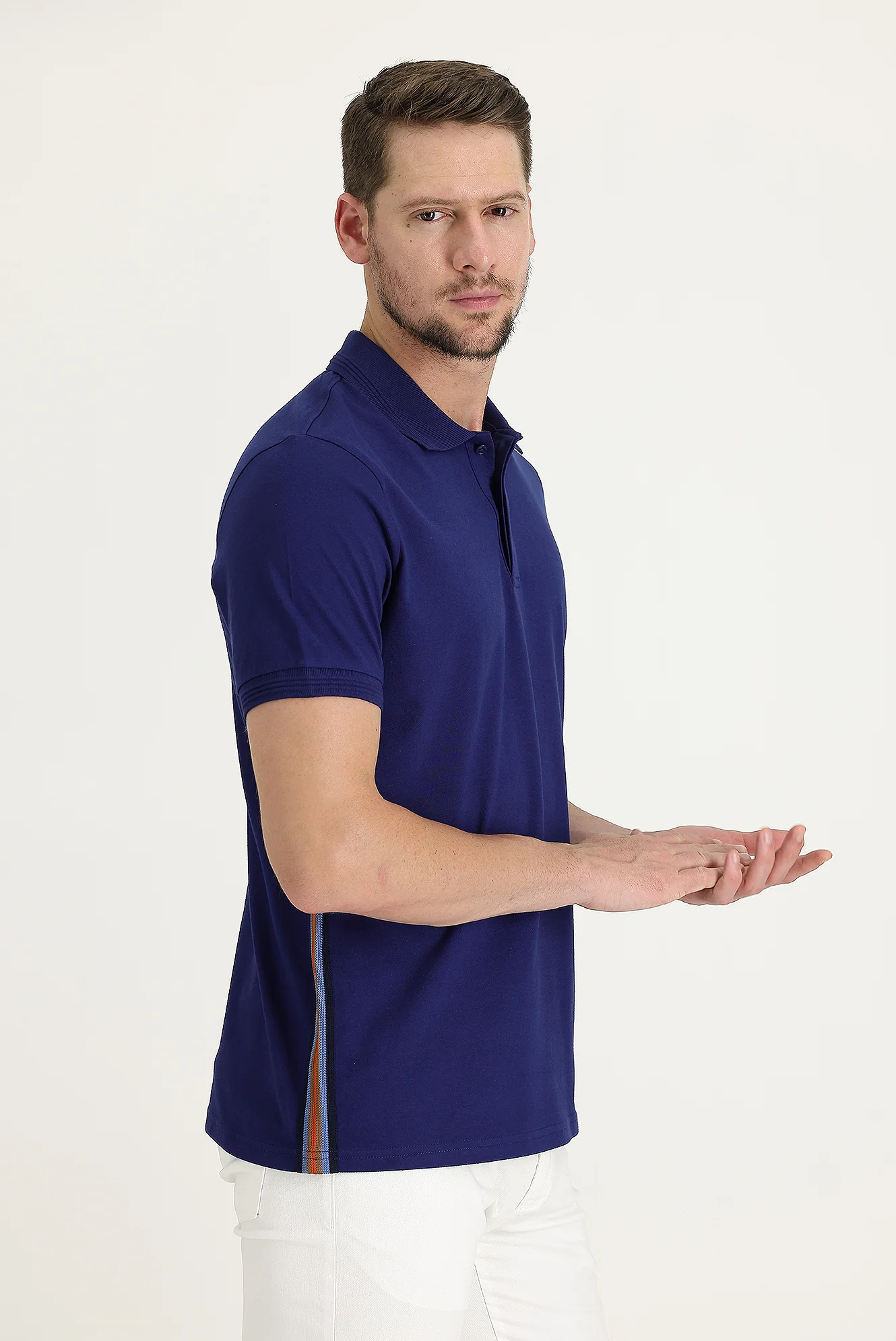 Orta Lacivert Polo Yaka Slim Fit Dar Kesim Desenli Pamuklu Tişört - Image 3