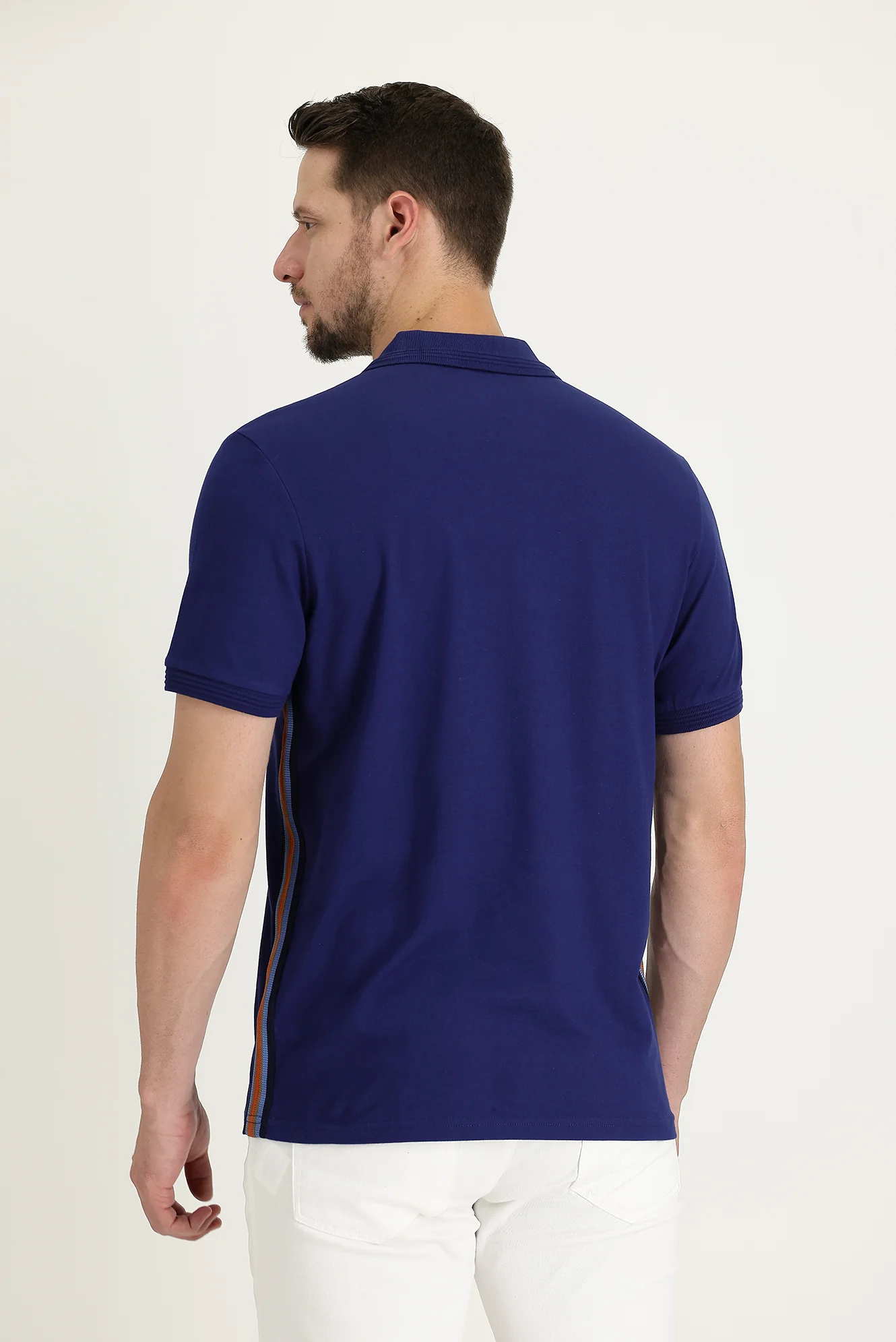 Orta Lacivert Polo Yaka Slim Fit Dar Kesim Desenli Pamuklu Tişört - Image 4