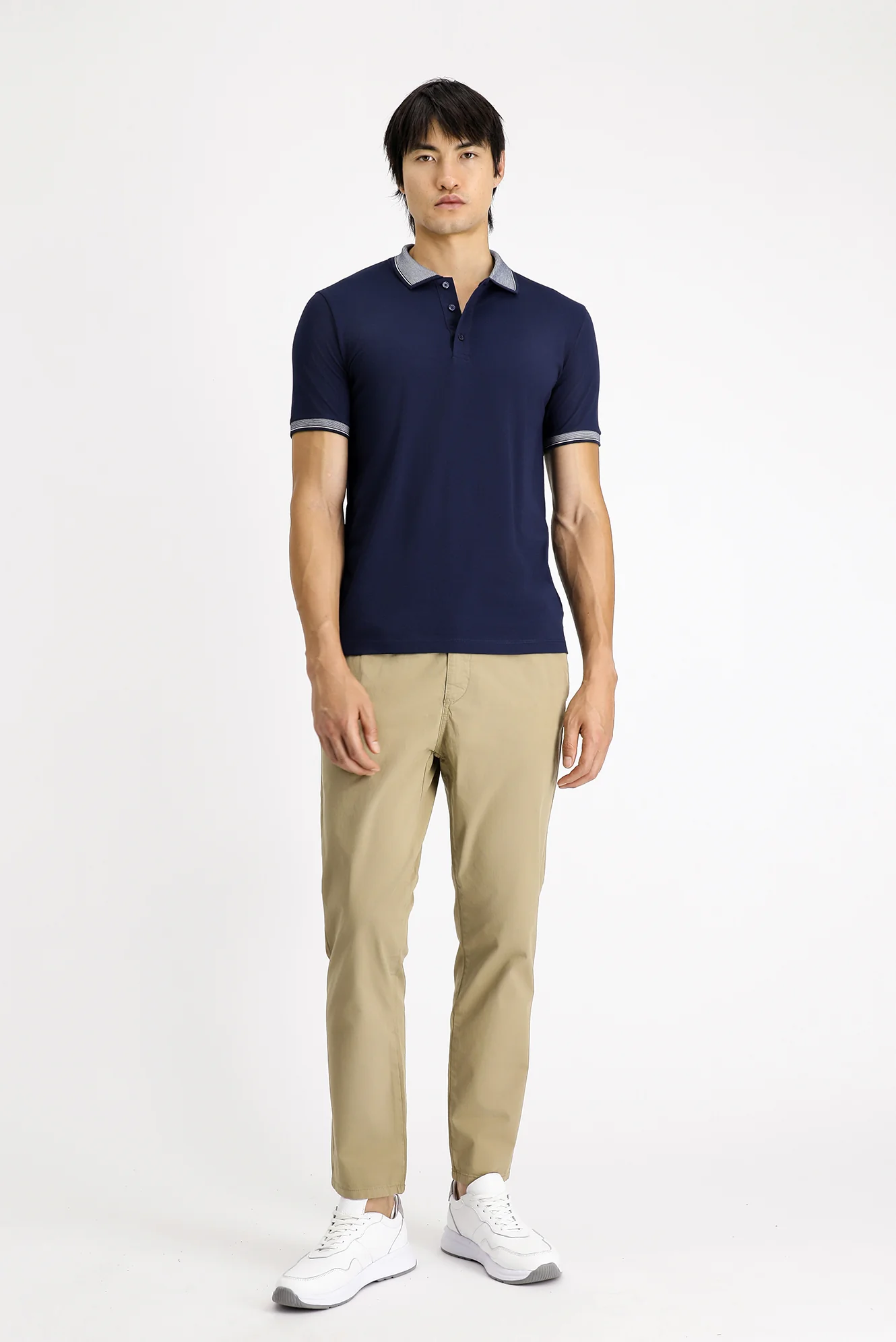 Orta Lacivert Polo Yaka Slim Fit Dar Kesim Desenli Pamuklu Tişört - Image 2