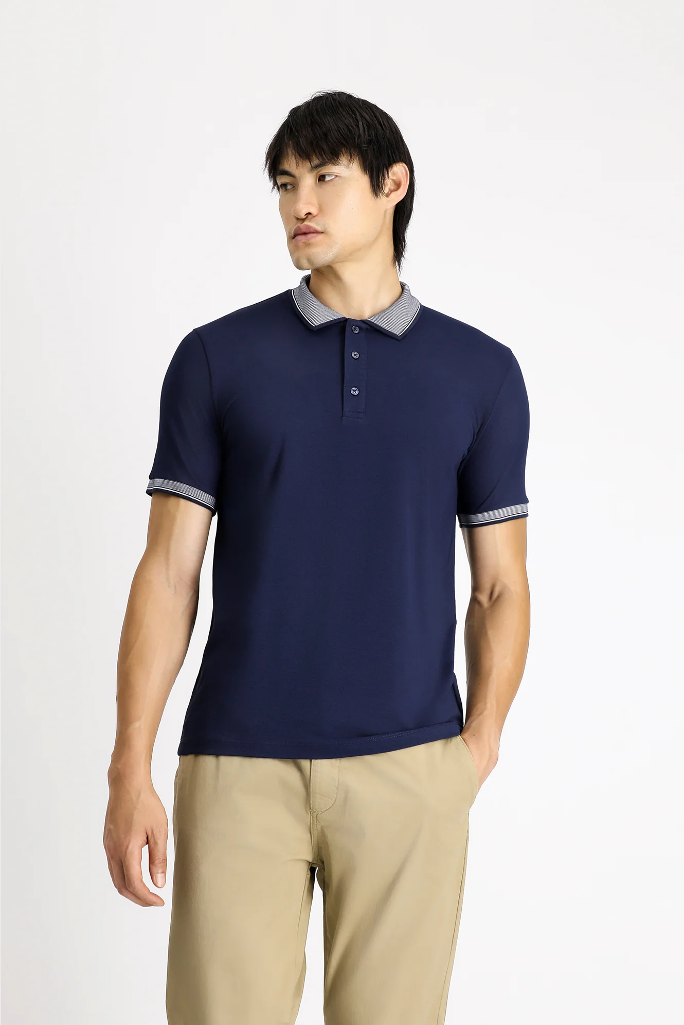 Orta Lacivert Polo Yaka Slim Fit Dar Kesim Desenli Pamuklu Tişört - Image 3