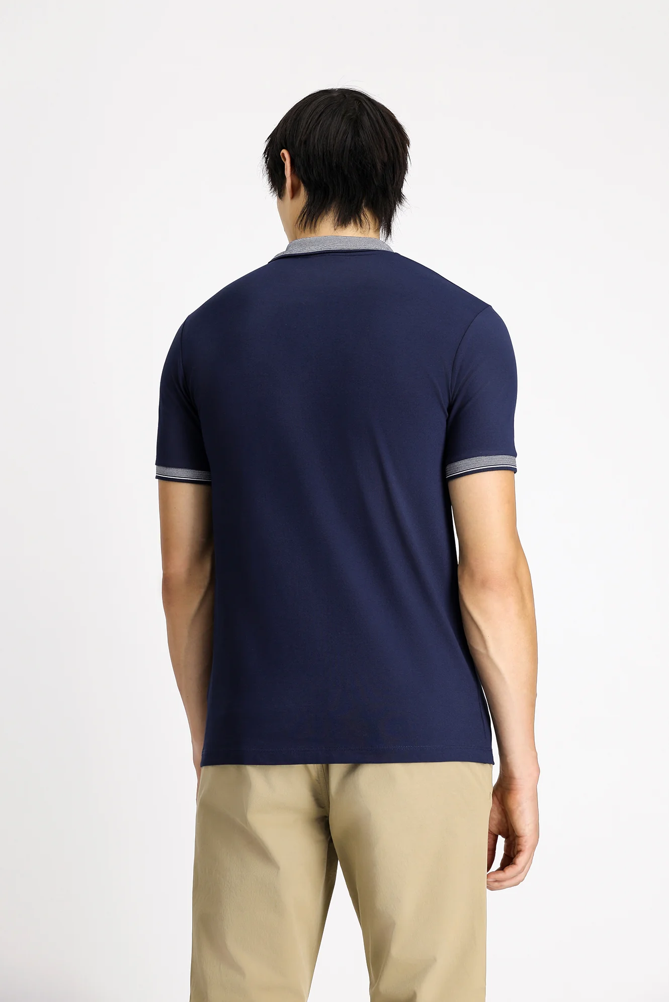 Orta Lacivert Polo Yaka Slim Fit Dar Kesim Desenli Pamuklu Tişört - Image 4