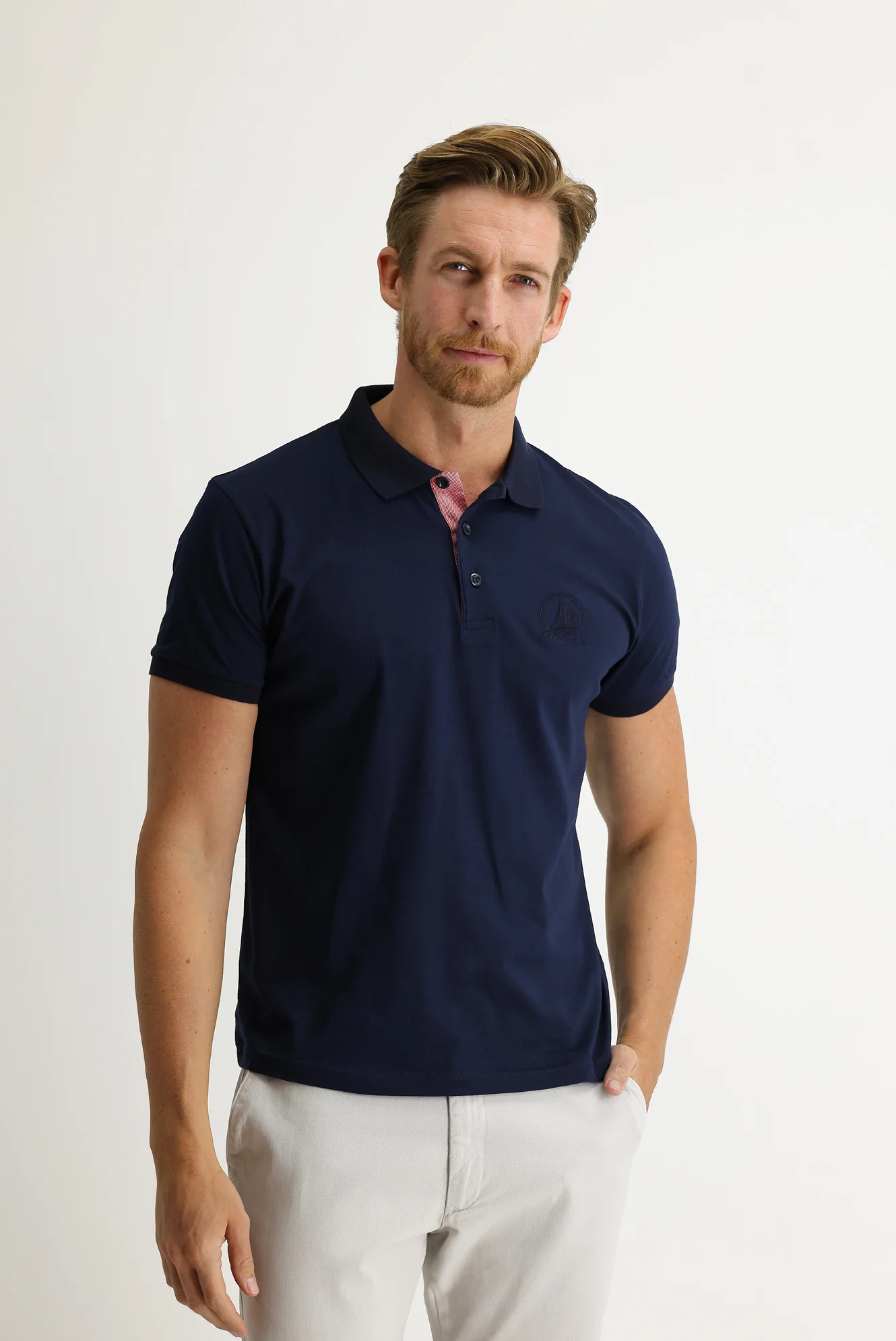 Orta Lacivert Polo Yaka Slim Fit Dar Kesim Desenli Tişört - Image 2