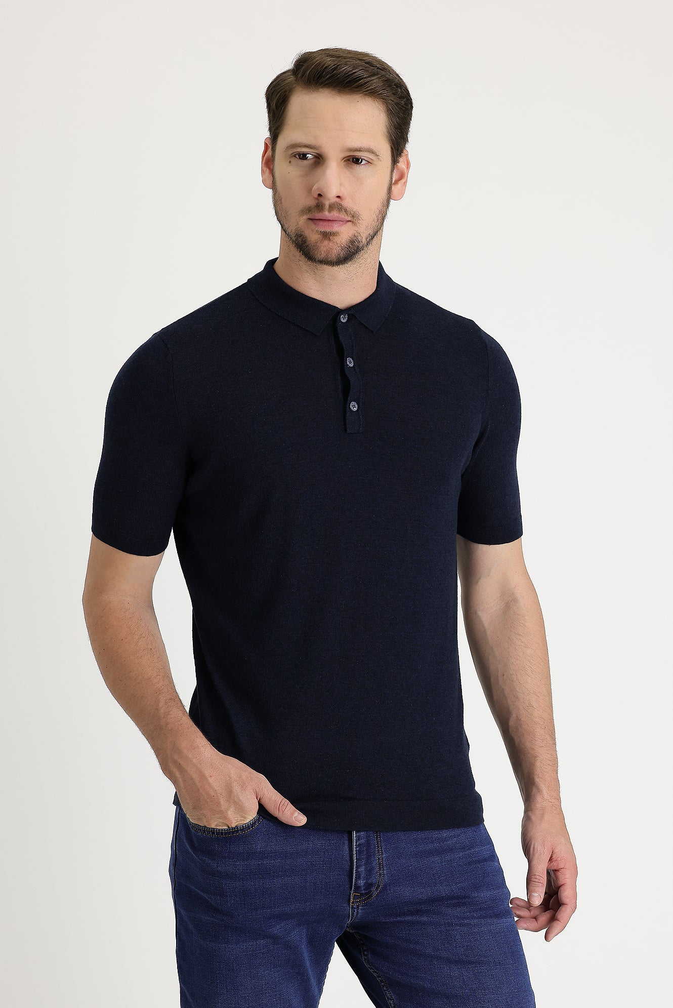 Orta Lacivert Polo Yaka Slim Fit Dar Kesim Keten Pamuklu Tişört