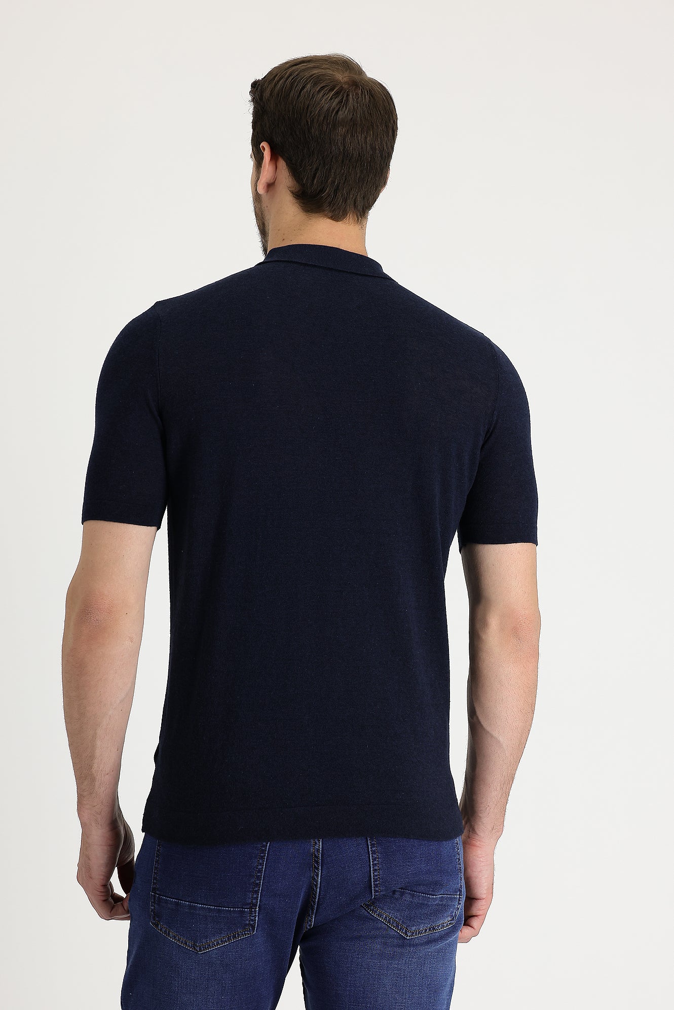 Orta Lacivert Polo Yaka Slim Fit Dar Kesim Keten Pamuklu Tişört - Image 4