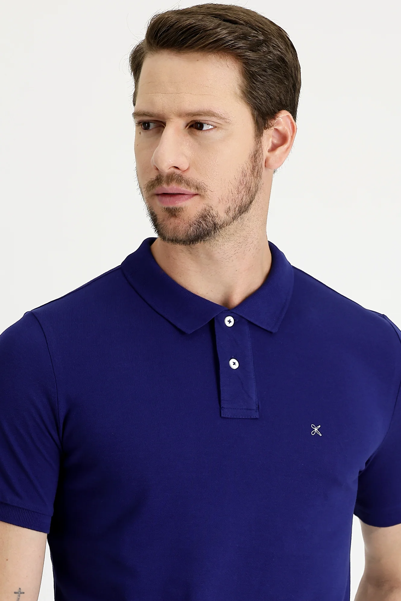 Orta Lacivert Polo Yaka Slim Fit Dar Kesim Nakışlı Pamuk Tişört