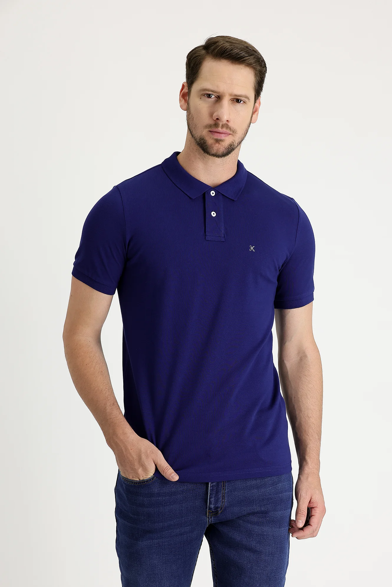 Orta Lacivert Polo Yaka Slim Fit Dar Kesim Nakışlı Pamuk Tişört - Image 2