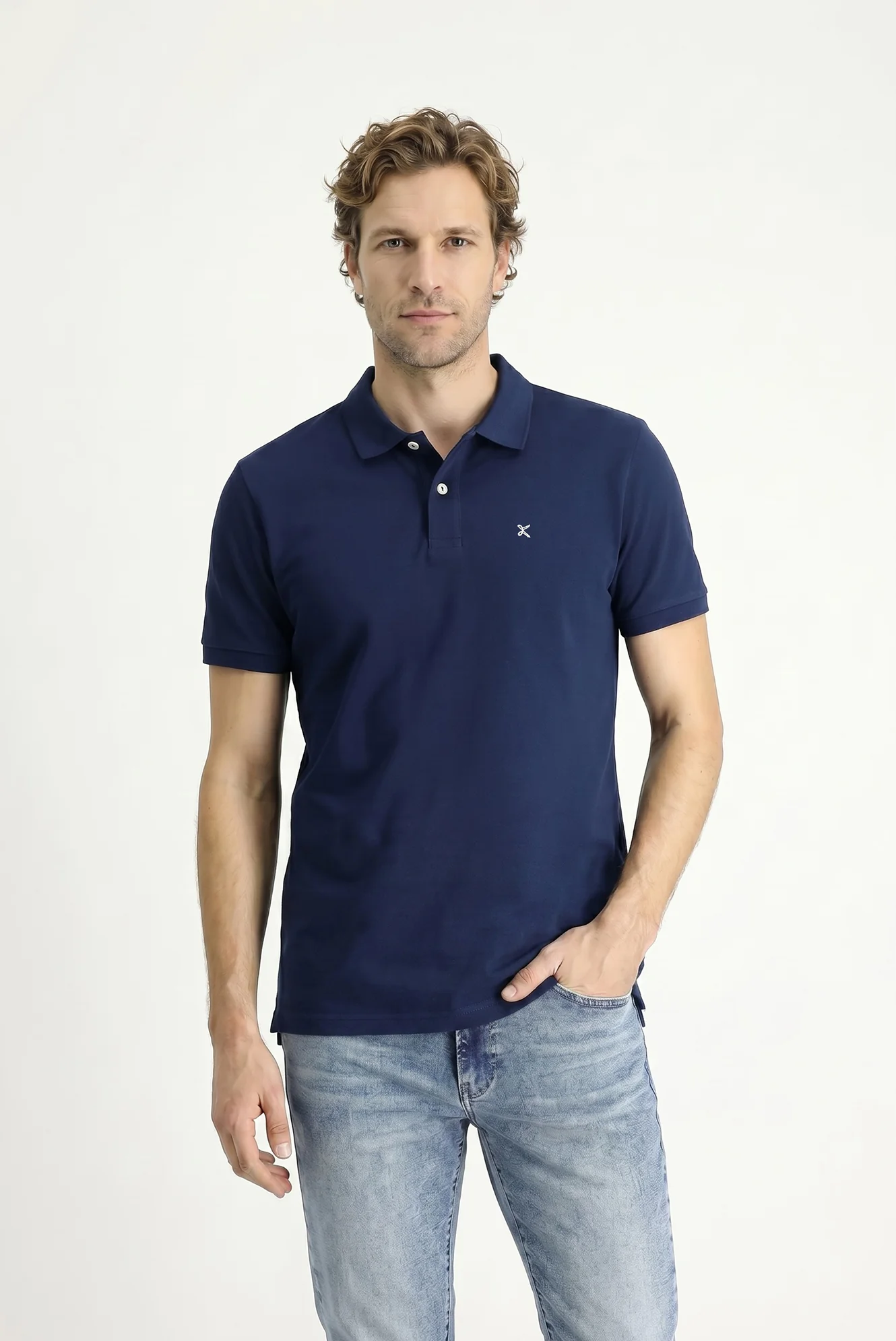 Orta Lacivert Polo Yaka Slim Fit Nakışlı %100 Pamuk Tişört