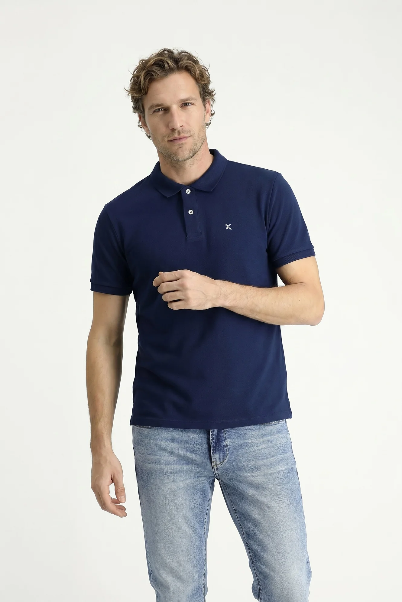 Orta Lacivert Polo Yaka Slim Fit Nakışlı %100 Pamuk Tişört - Image 2