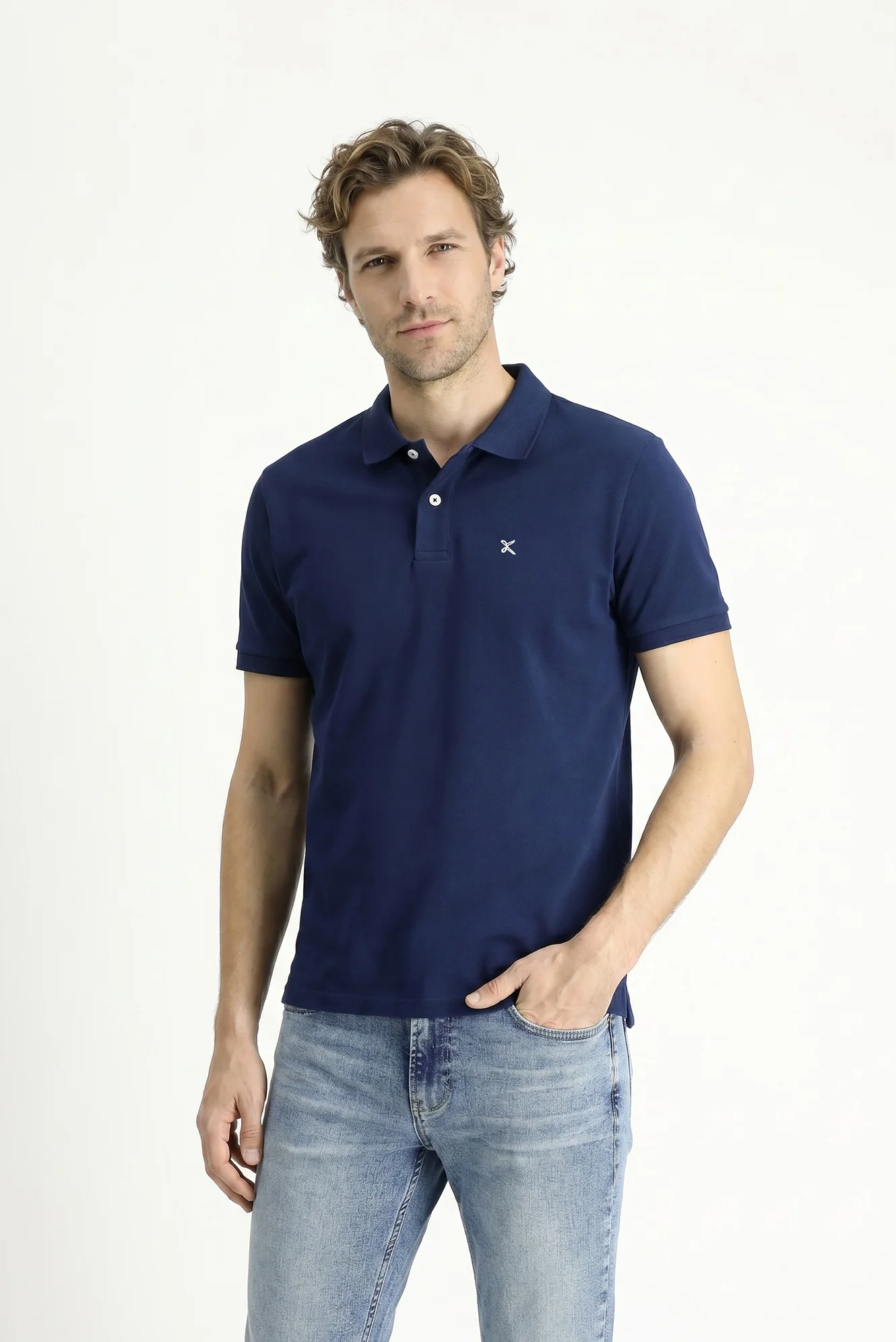 Orta Lacivert Polo Yaka Slim Fit Nakışlı %100 Pamuk Tişört - Image 3