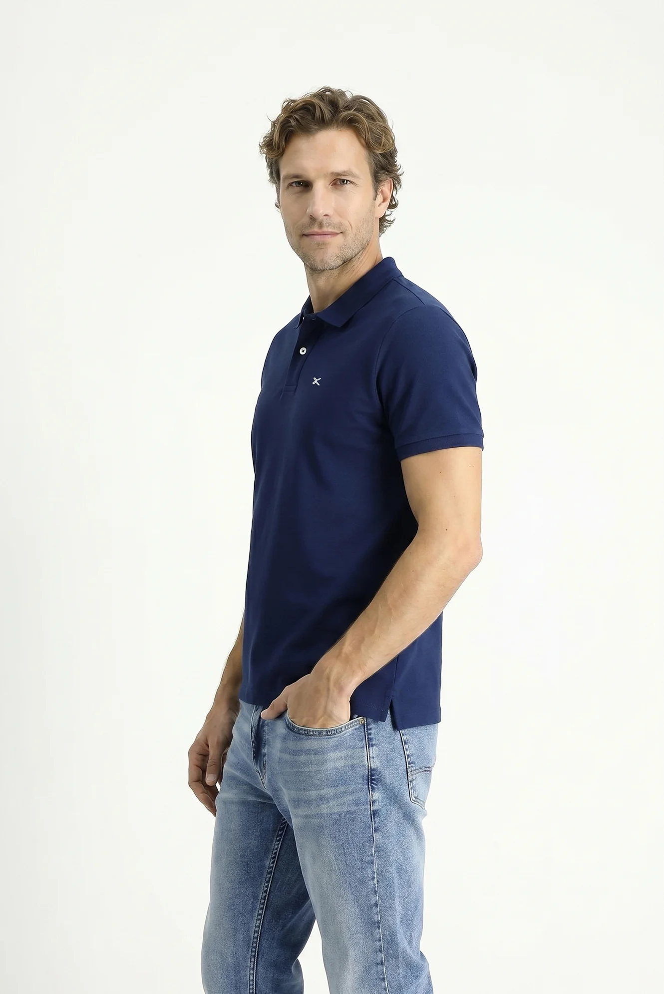 Orta Lacivert Polo Yaka Slim Fit Nakışlı %100 Pamuk Tişört - Image 4