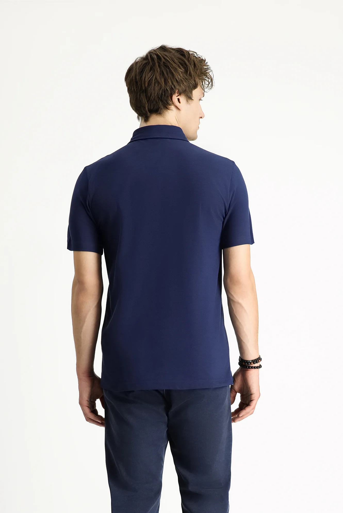Orta Lacivert Polo Yaka Slim Fit Dar Kesim Nakışlı Pamuk Tişört - Image 4