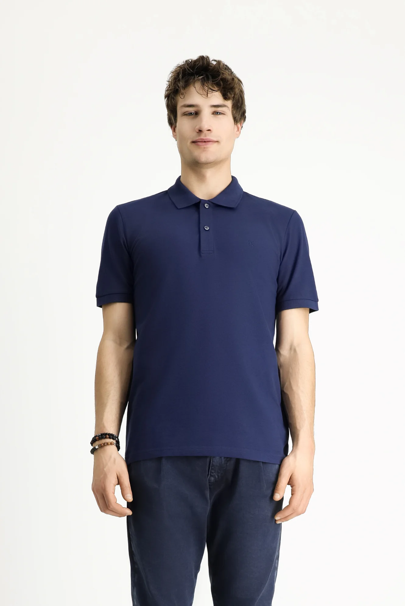 Orta Lacivert Polo Yaka Slim Fit Dar Kesim Nakışlı Pamuk Tişört - Image 4