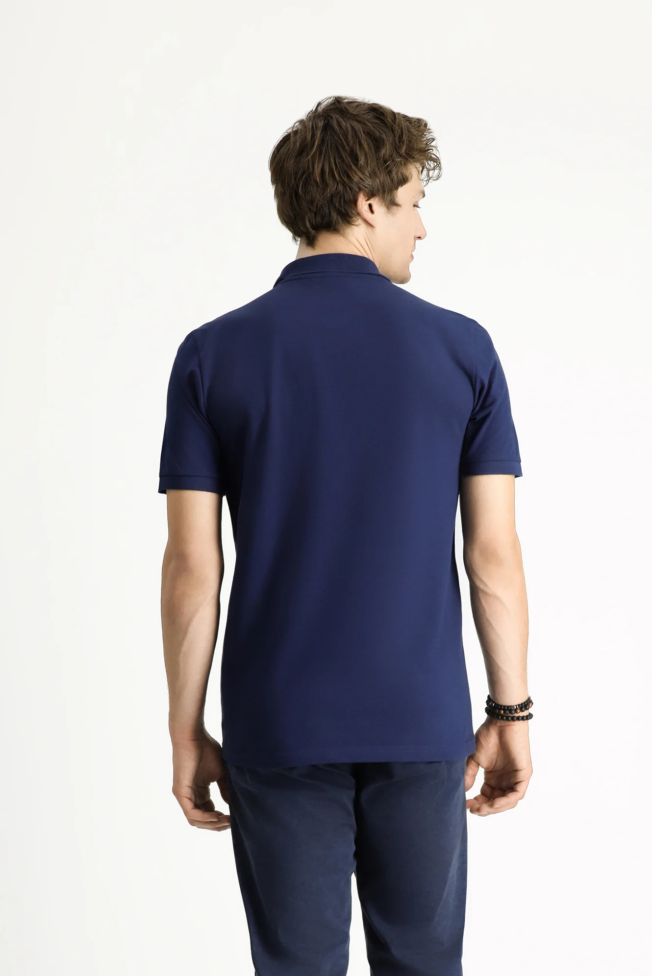 Orta Lacivert Polo Yaka Slim Fit Dar Kesim Nakışlı Pamuk Tişört - Image 5